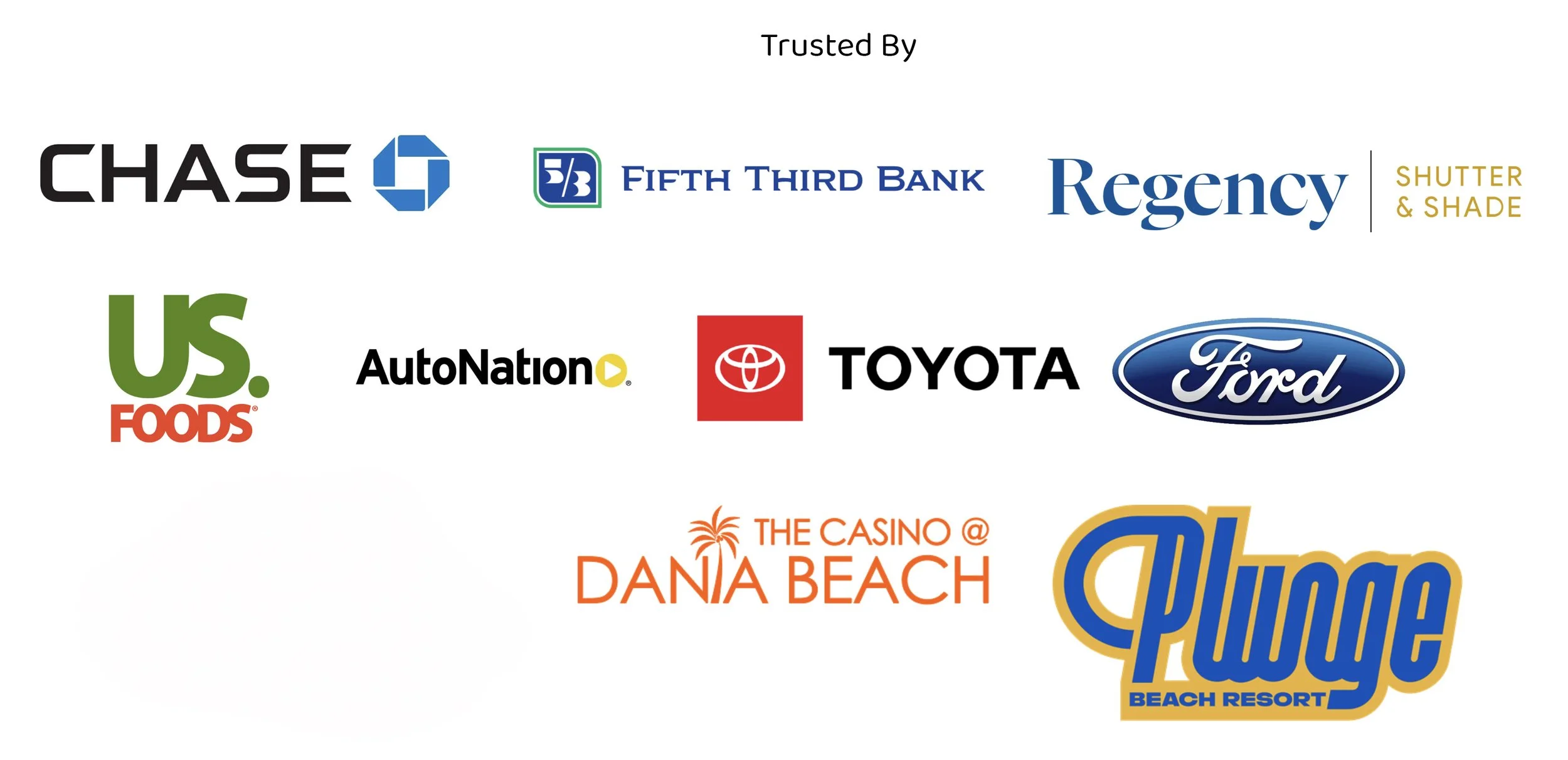 Trusted by South Florida brands — commercial photography clients including Chase, Fifth Third Bank, Regency Shutter & Shade, US Foods, AutoNation, and The Casino at Dania Beach