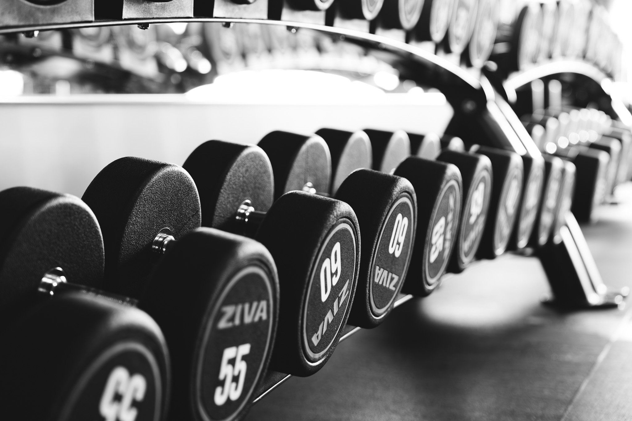 Black and white photo of a row of dumbbells lined up on a rack, spaced evenly and facing forward.