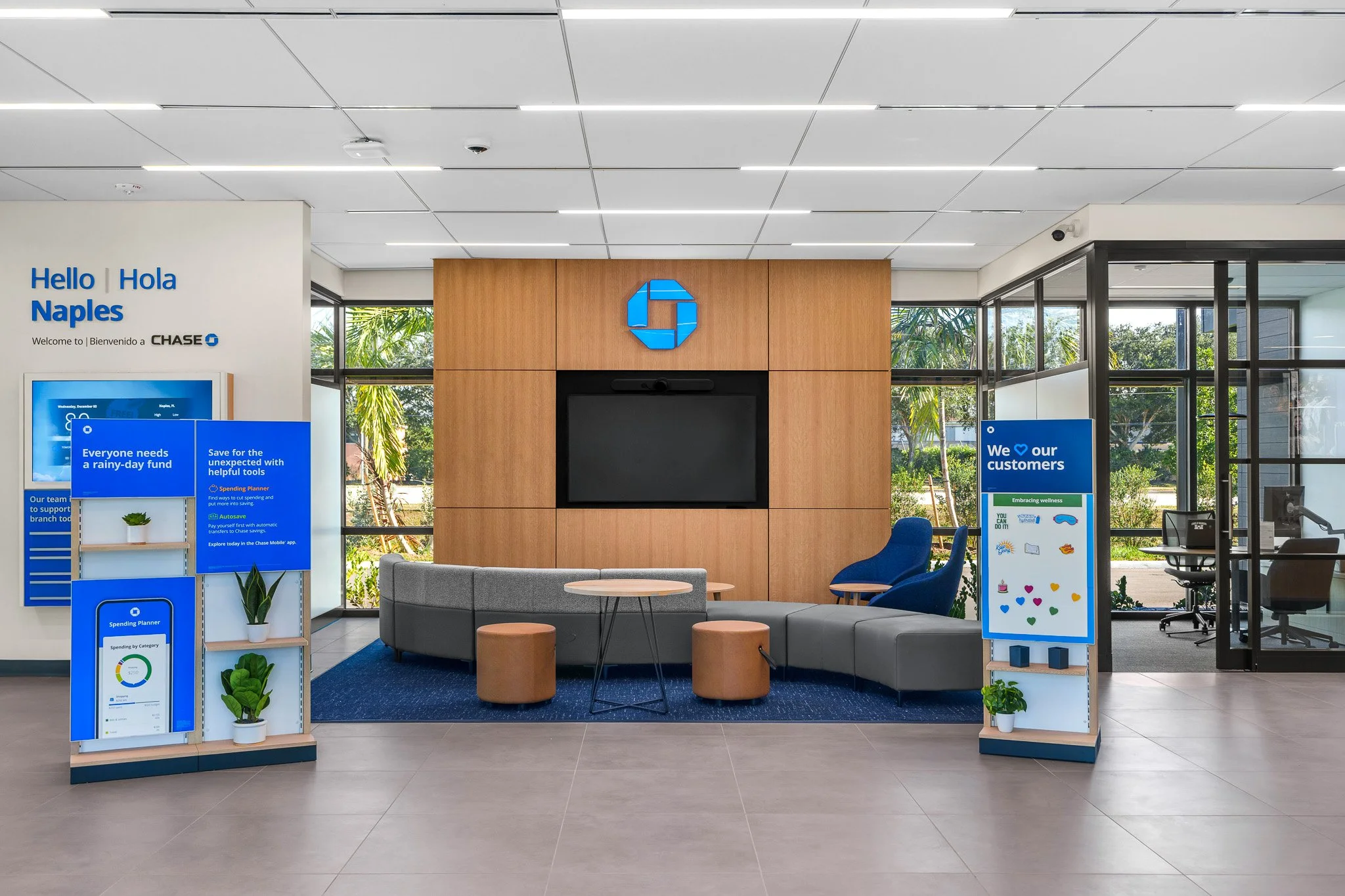 Commercial interior photograph of a modern Chase Bank branch lobby in Naples Florida prepared for a professional photo shoot