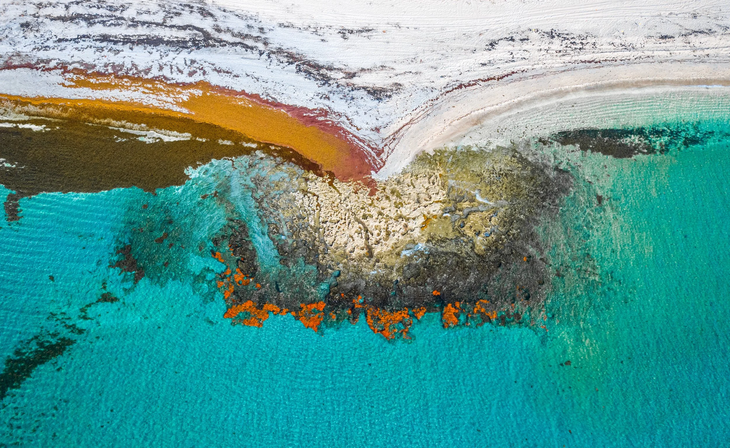 An aerial view of a coastline, showing turquoise water meeting land with rocky and sandy areas, some orange patches, and a beach in the background.