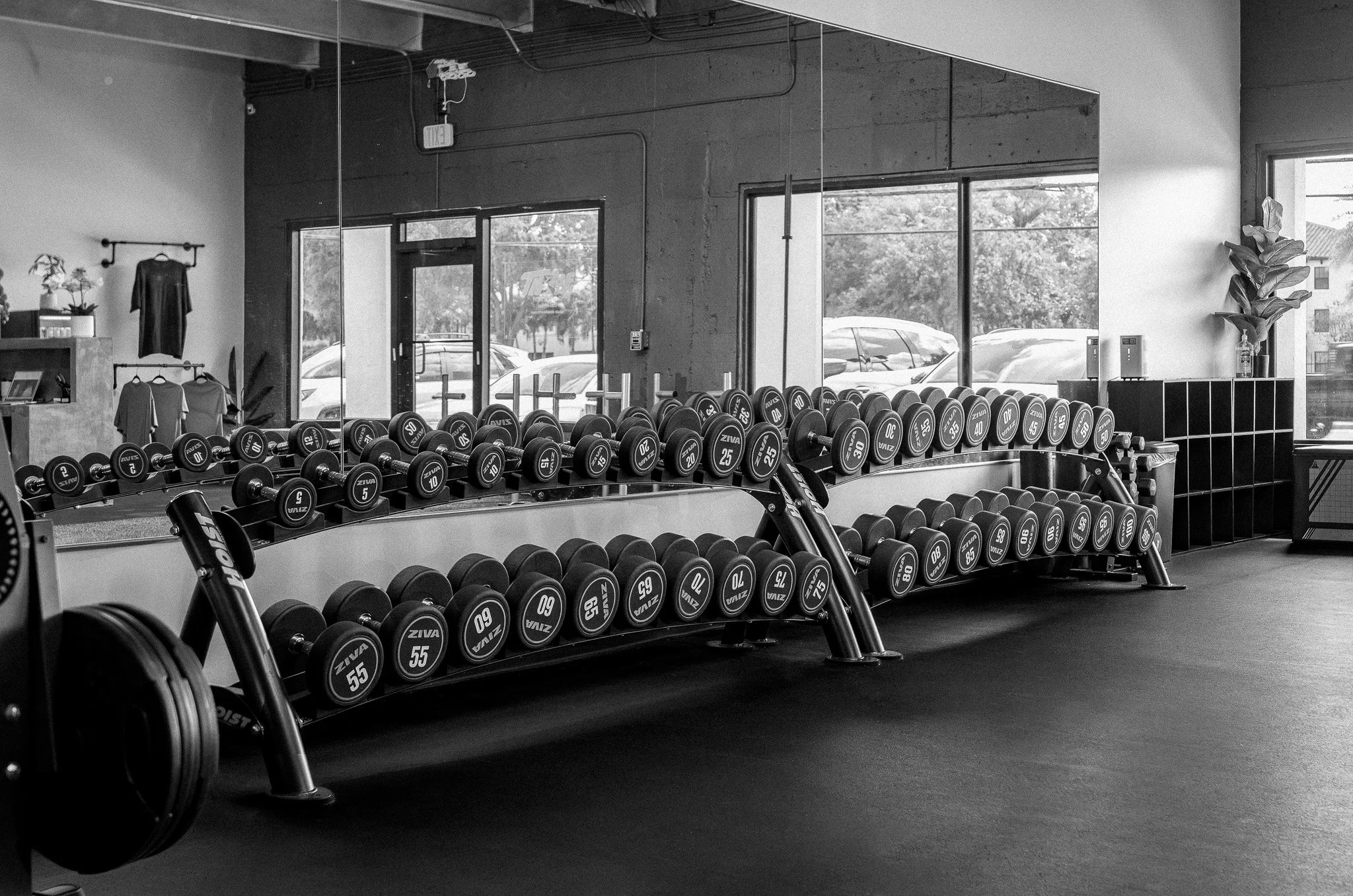 Black and white photo of a gym with multiple rows of dumbbells and a large mirror behind them, along with a window showing parked cars outside.
