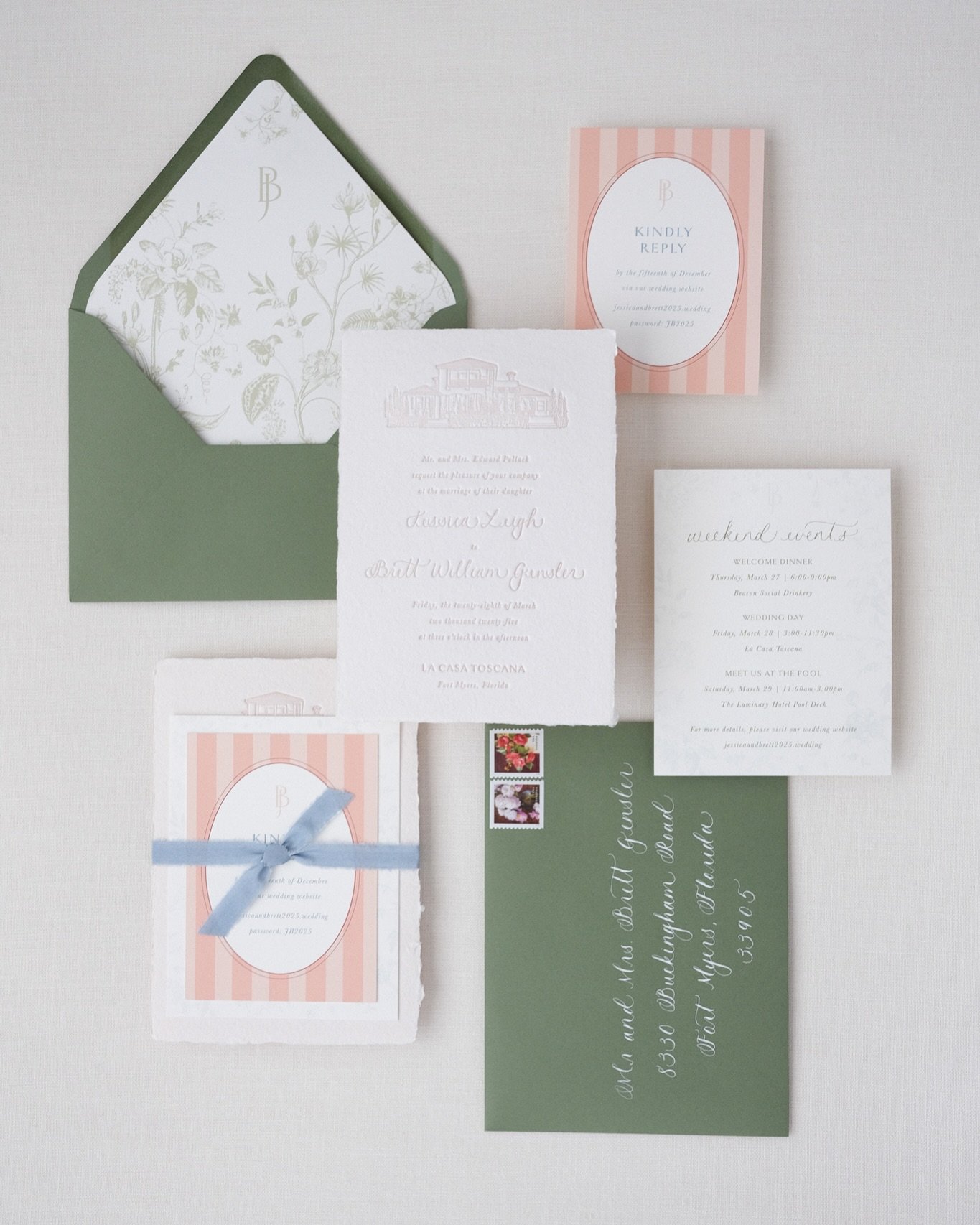 I could not be more excited to share a look at the Gensler&rsquo;s invitation suite! 

Jessica knew she wanted to tie in an illustration of the house at the iconic La Casa Toscana. Inspired by an Italian summer, we pulled in color, pattern, and textu