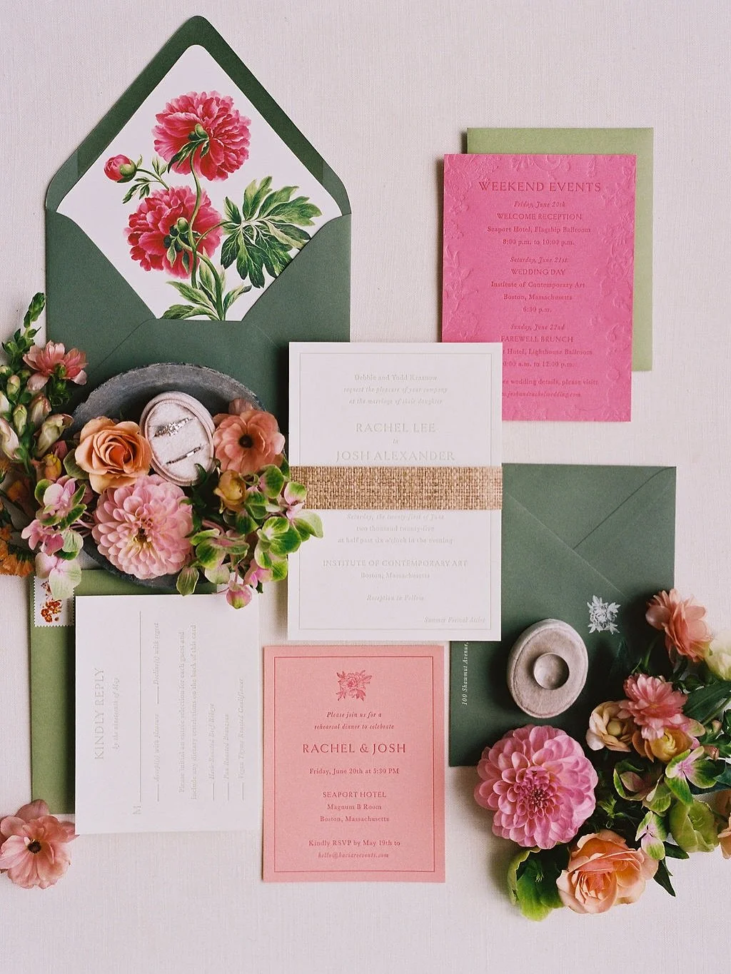 Rachel and Josh were married on the first rain-free Saturday we had seen in months, just the start of their vibrant summer wedding in Boston! With each design round, we had gone brighter and bolder in color, ultimately mirroring the show stopping flo