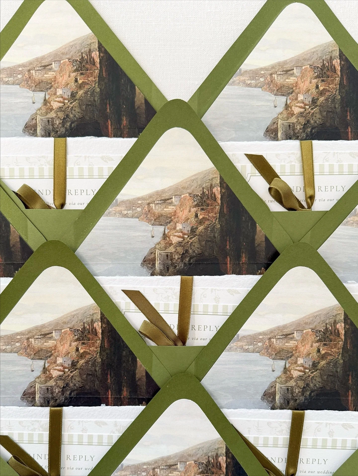 These Italian green beauties are being delivered to mailboxes for E&amp;K ✨ Nothing better than a stack of deckled edges, florals, and stripes.