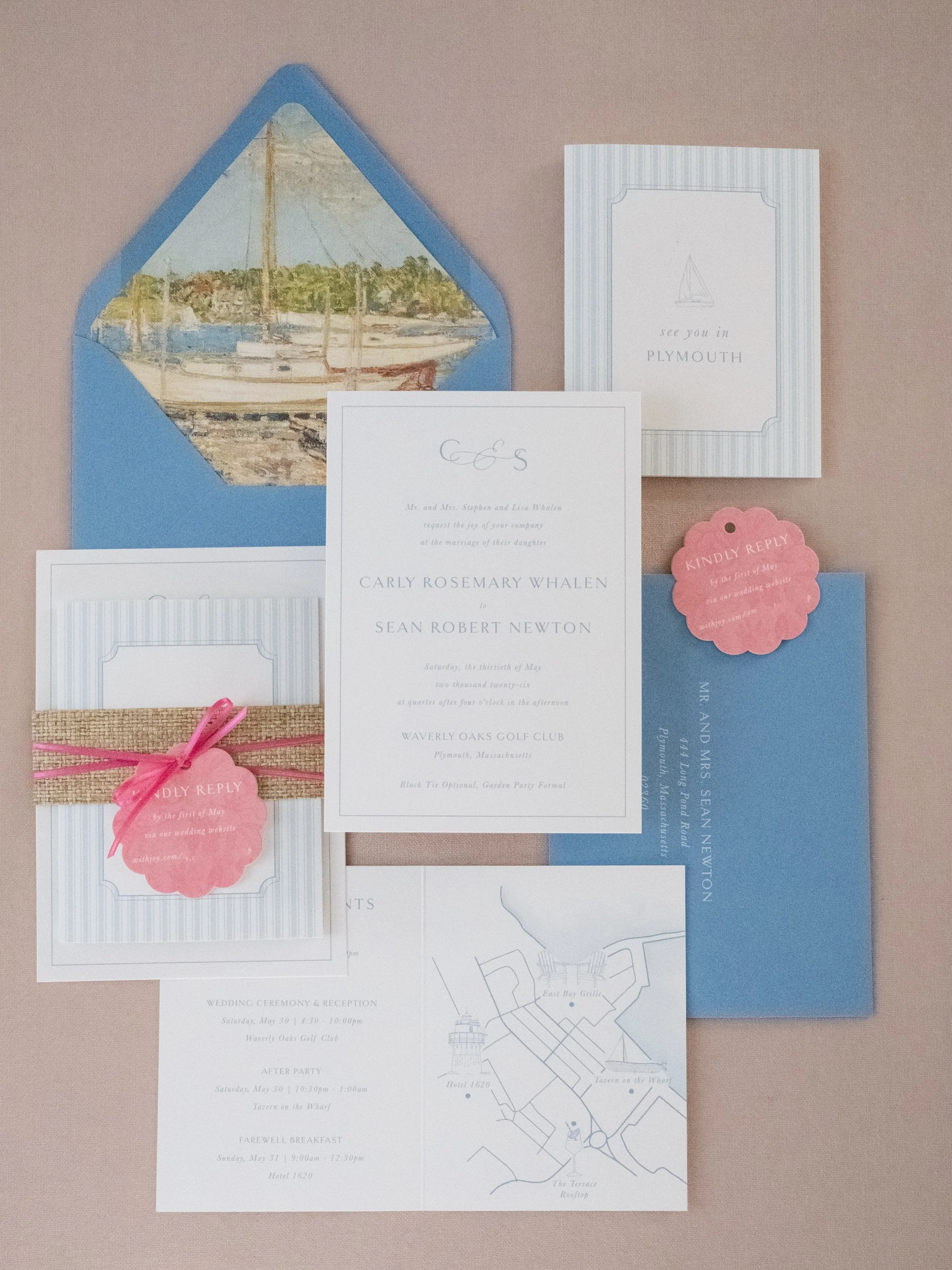 A look at this fun coastal suite for C&amp;S back in May! Their wedding weekend in Plymouth harbor was designed to be a full weekend of celebration. Their bold florals and hot pink bridesmaid dresses were a focal point of the design, so naturally we 