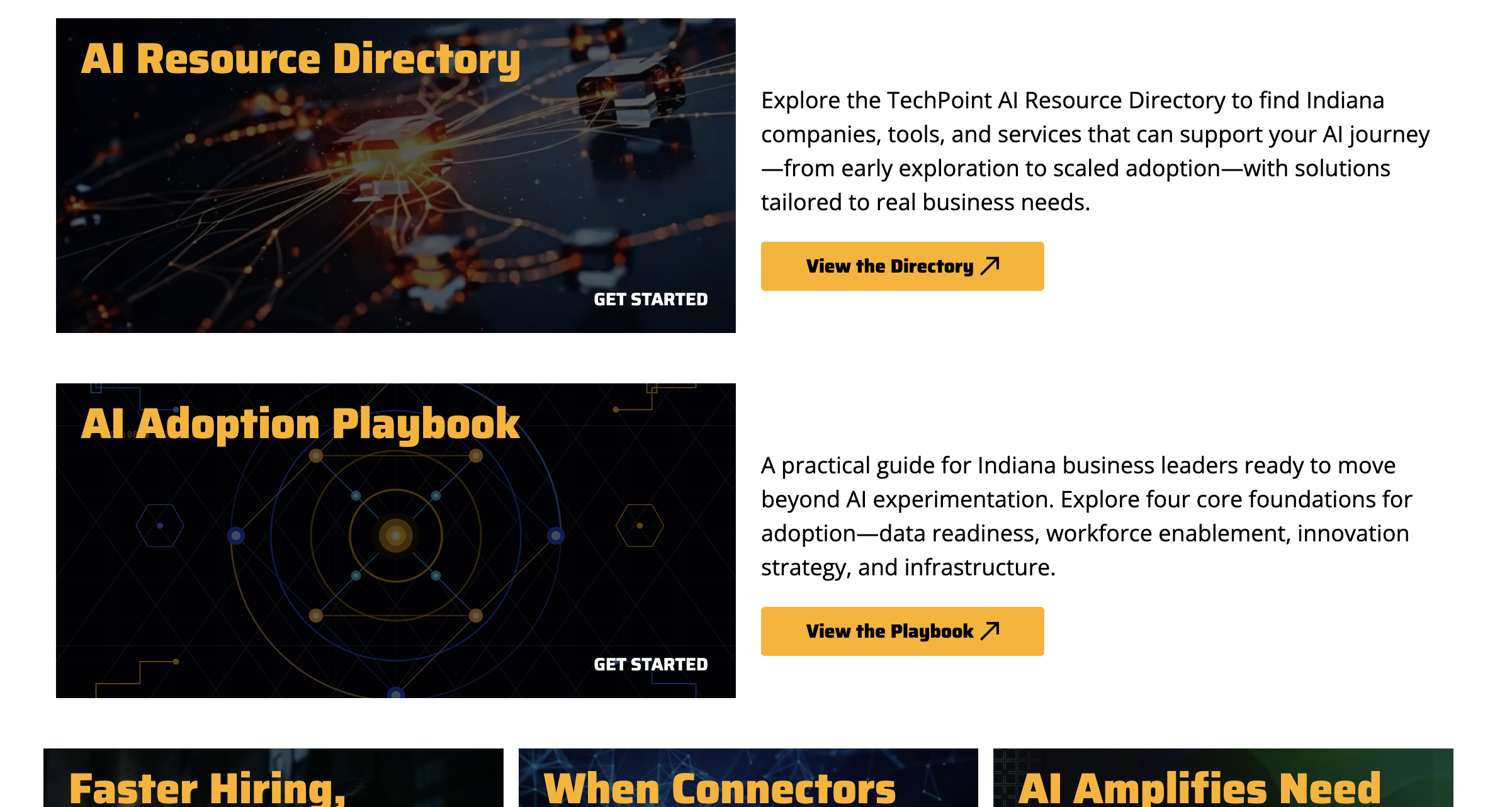 TechPoint AI Resource Directory cover card with glowing network graphic on a dark background. Below this is the AI Adoption Playbook cover card with a solar system–style orbital diagram on a dark background