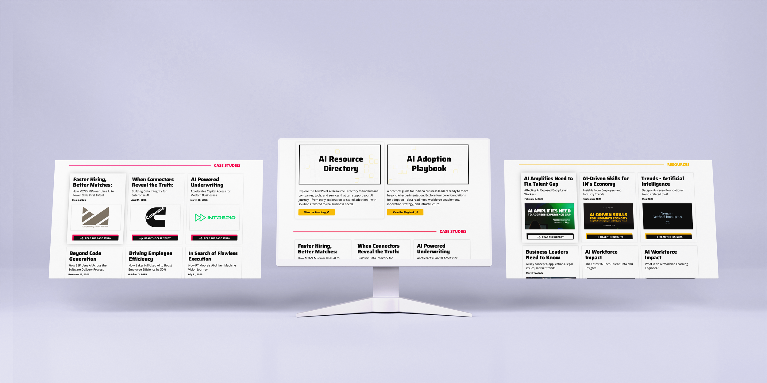 Desktop monitor displaying the TechPoint website, showing AI resource guides and case studies