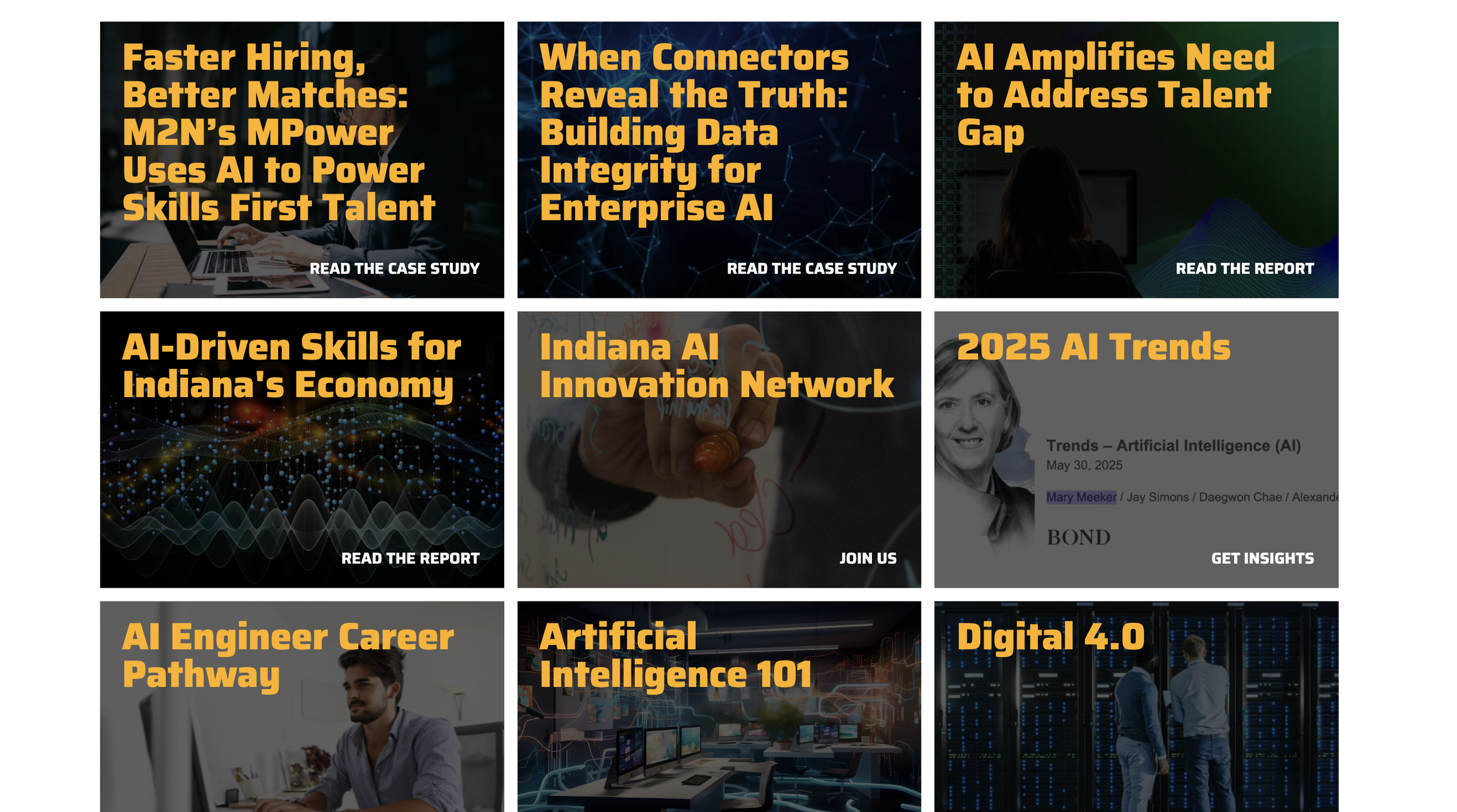 Image shows nine image cards with bold orange text on a dark background. Cards highlight case studies, reports, and insights.