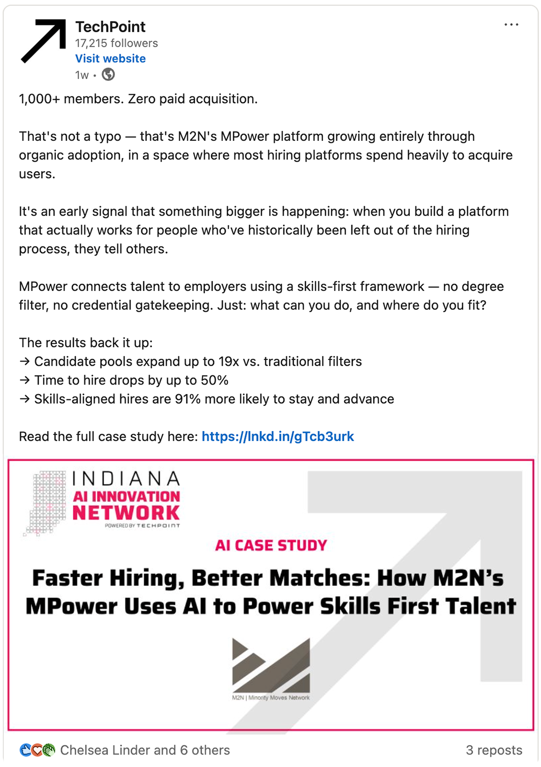 TechPoint LinkedIn post titled "The Insight" promoting the M2N MPower AI case study