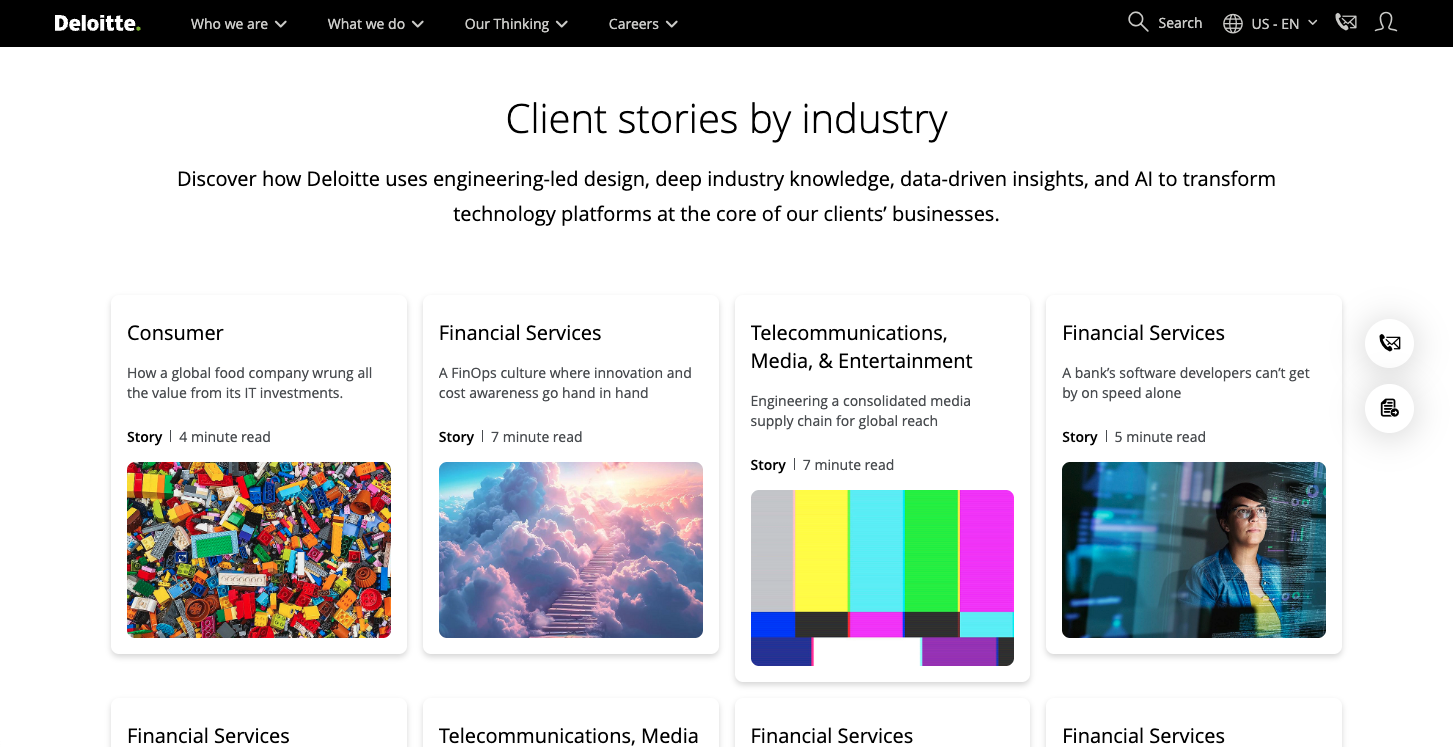 Screenshot of the Deloitte Client Stories by Industry page showing industry category cards