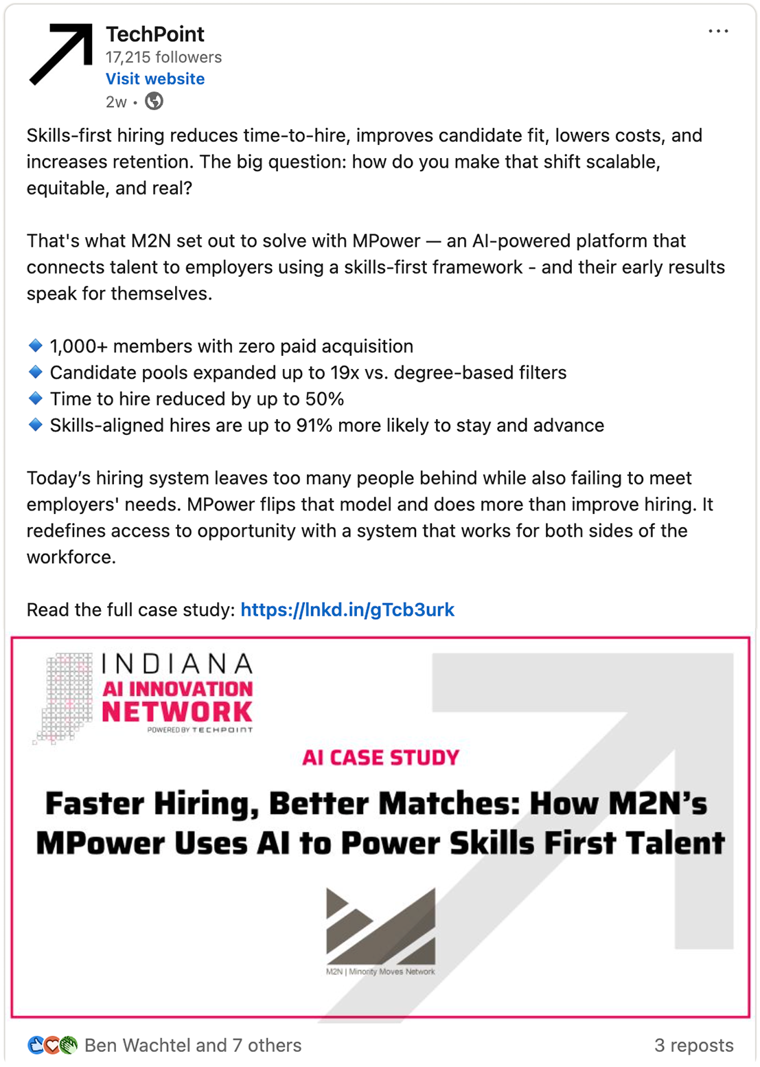 TechPoint LinkedIn post titled "The Hook" promoting the M2N MPower AI case study