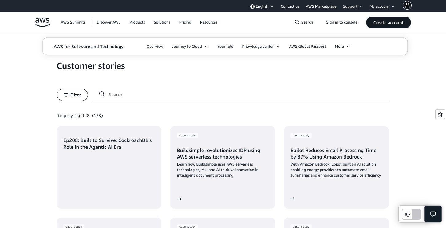 12:32 AMClaude responded: Screenshot of the AWS Customer Stories page showing case study listingsScreenshot of the AWS Customer Stories page showing case study listings