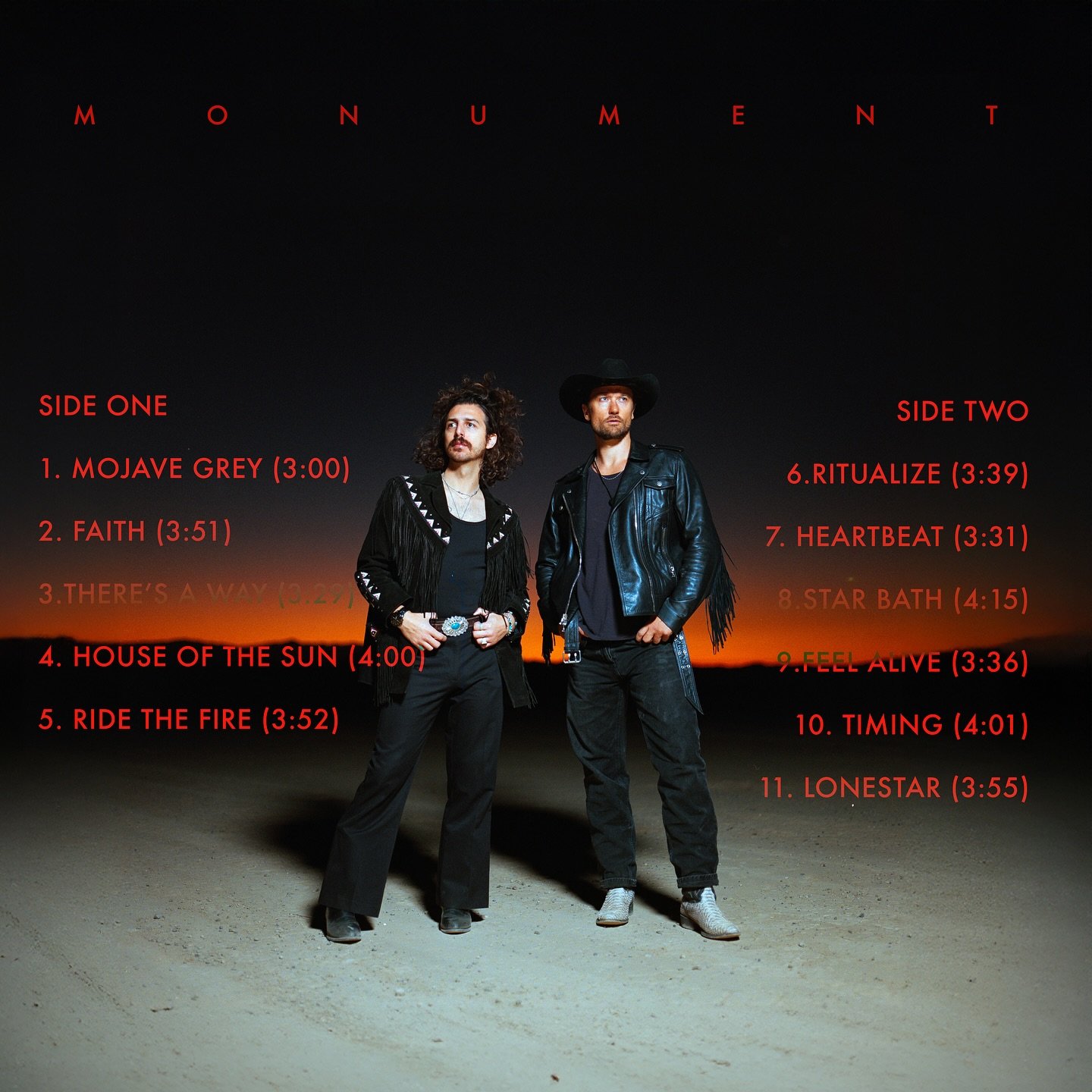 Album back cover on film and track listing.  Our MONUMENT arrives in 1 week 🌵🖤

Medium format film captured by @jmsnmndy 🎞️