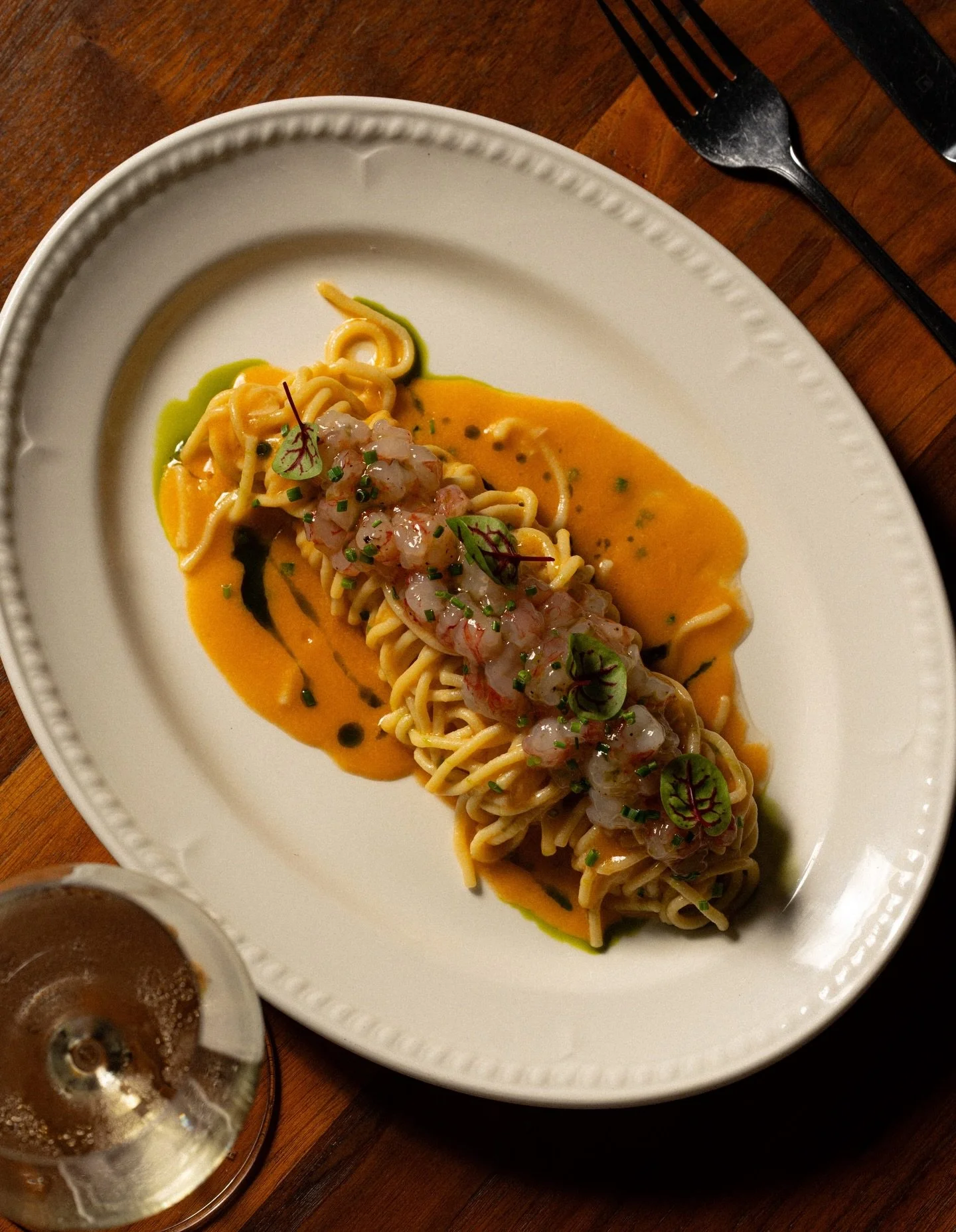 One last night before we pause for the festive break.

Handmade Spaghetti Gambero Rosso with garlic, red prawn tartare, a rich bisque, basil oil and a hit of lemon zest.

A quick reminder: We&rsquo;re closed from tomorrow Sunday 21 Dec, reopening Box