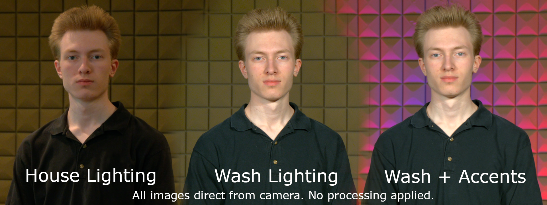 Comparison of three lighting setups on a young man in front of soundproofing panels, showing house lighting, wash lighting, and wash with accents.