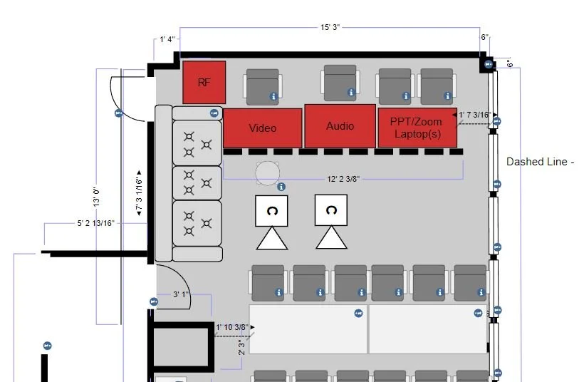 Floor plan of a room with seating arranged in rows, a stage with audio-visual equipment, red labeled areas for RF, Video, Audio, and PPT/Zoom Laptop(s), and several side tables and chairs.