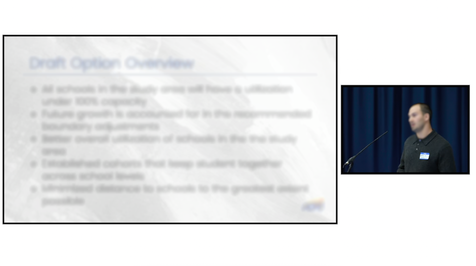 A slide titled 'Draft Option Overview' with bullet points about the draft process, and a photo of a man speaking at a podium in front of a blue curtain.