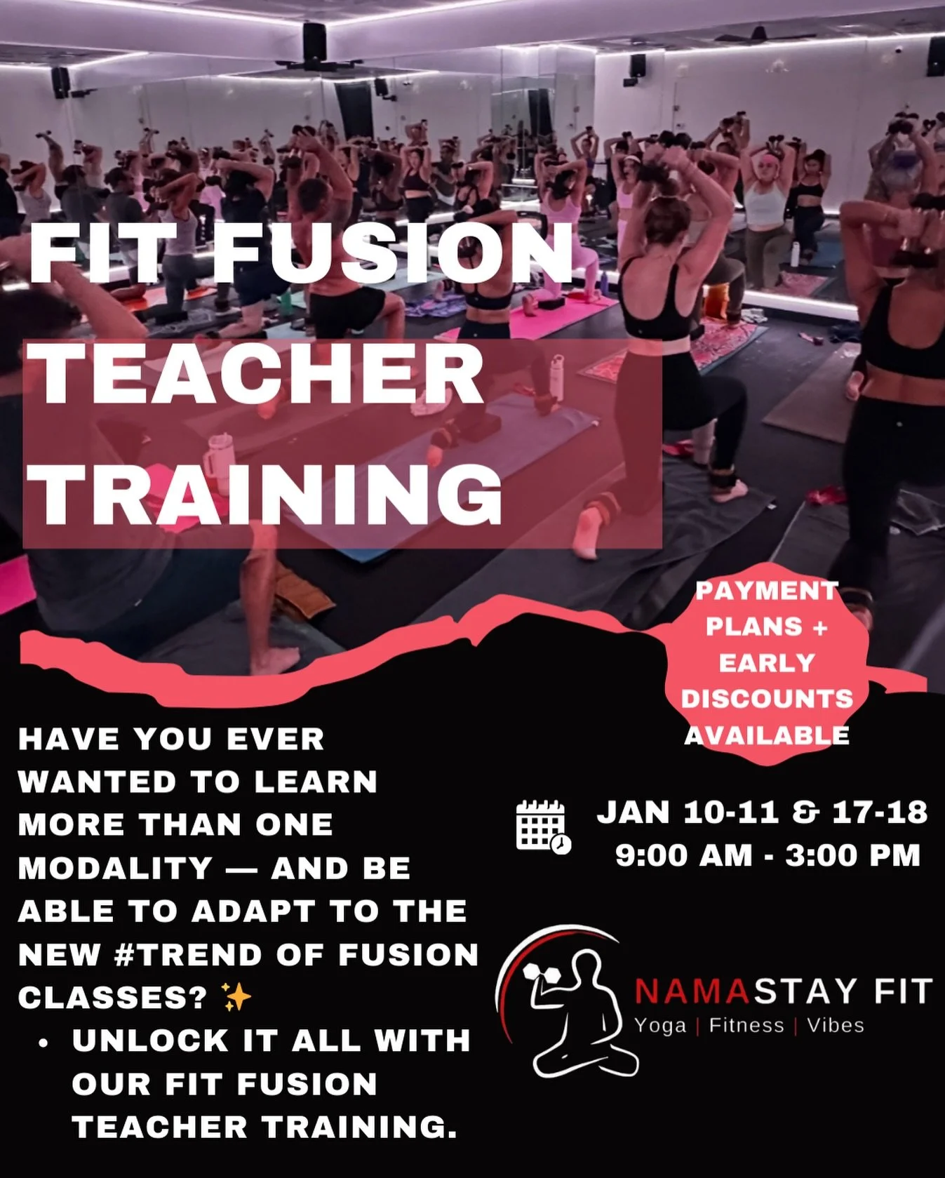 FIT FUSION TEACHER TRAINING IS HERE! 🔥✨

Have you ever wanted to learn more than one modality and confidently adapt to the growing trend of Fusion classes? Unlock it all with our Fit Fusion Teacher Training.

📅 January 10 to 11 and 17 to 18
⏰ 9 AM 