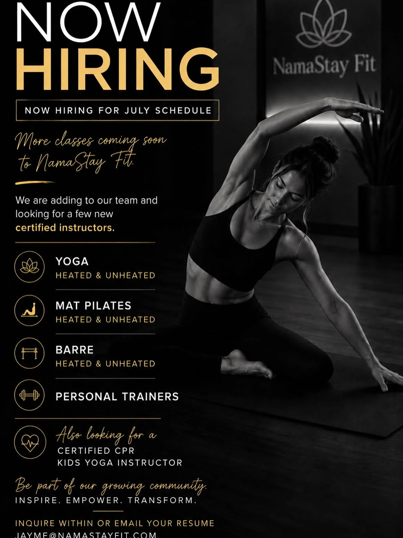 Something new is unfolding at NamaStay Fit ✨
More classes are coming soon&hellip; and we&rsquo;re growing our team.

We&rsquo;re looking for passionate, certified instructors to join our community:
&bull; Heated &amp; Unheated Yoga
&bull; Heated &amp