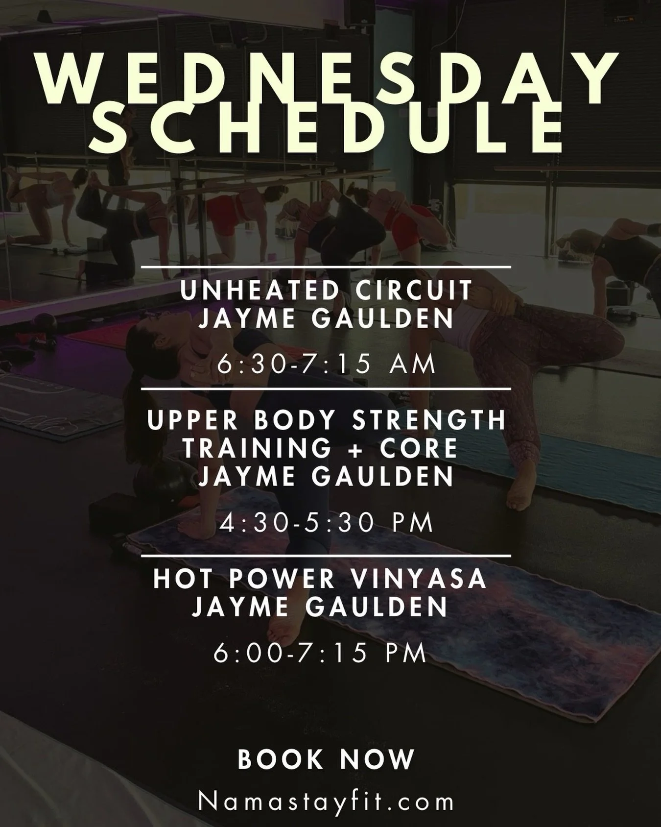 Wednesday Schedule at Namastay Fit 💪🔥

Power through your midweek with movement, strength, and flow:

✨ 6:30&ndash;7:15 AM &mdash; Unheated Circuit with @fit_yogini 
✨ 4:30&ndash;5:30 PM &mdash; Upper Body Strength Training + Core with @fit_yogini 