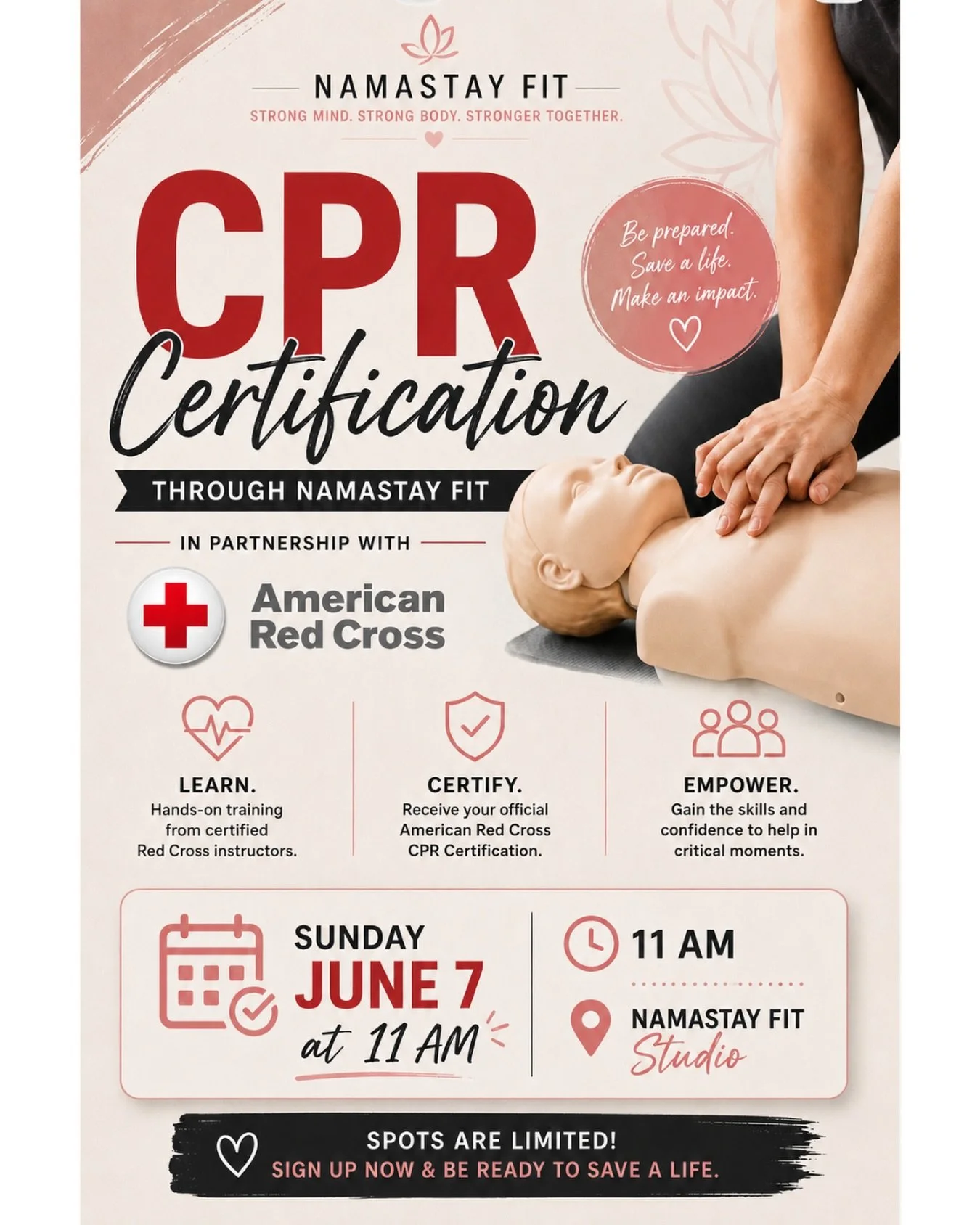 🚨 CPR CERTIFICATION AT NAMASTAY FIT 🚨 Limited spots available !

Be prepared. Save a life. Make an impact. ❤️

Join us on Sunday, June 7 at 11 AM for hands-on CPR training in partnership with the American Red Cross. You&rsquo;ll gain the knowledge,