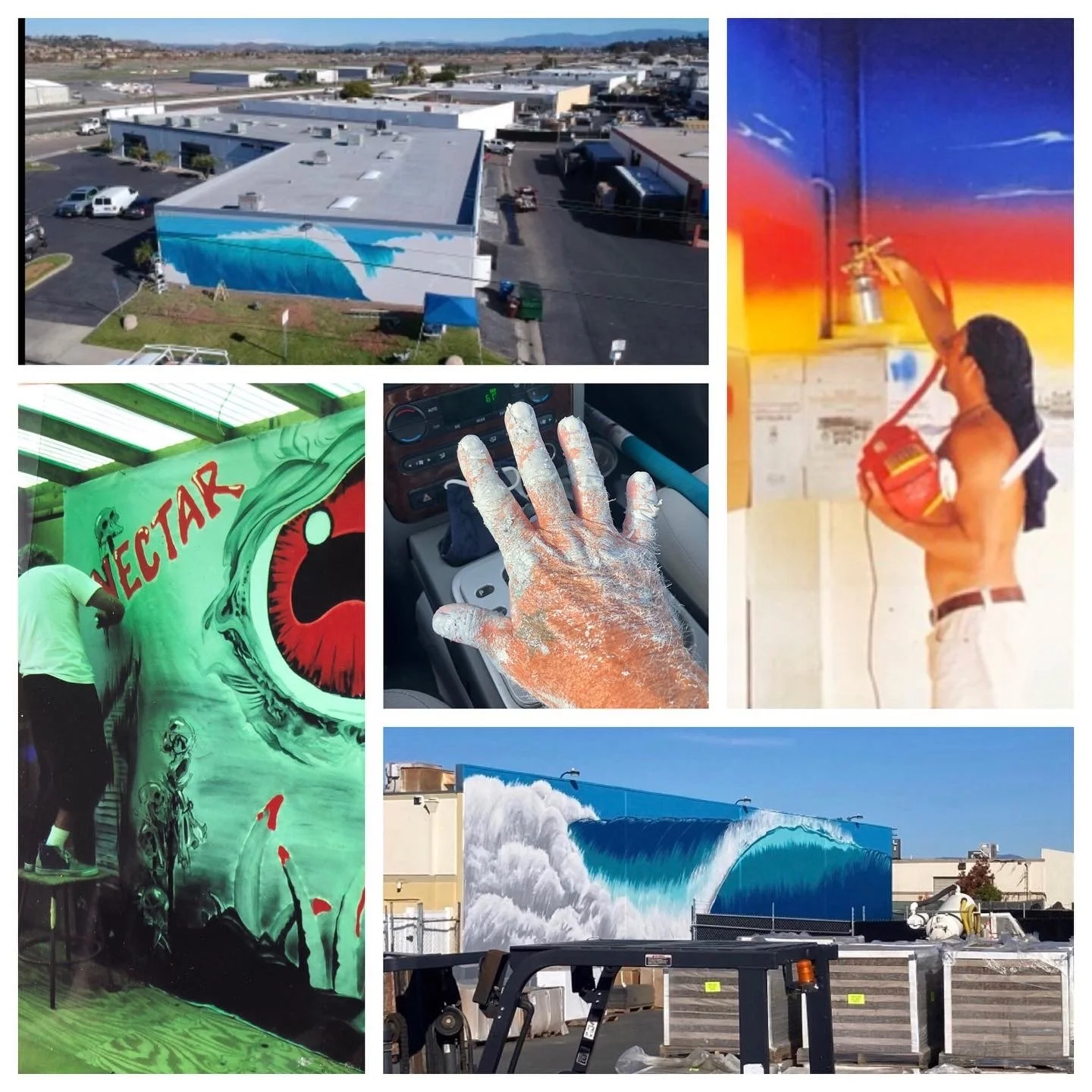 A collage of photos showing mural artwork of ocean waves, a painter spray painting a wall, a person with a paint-stained hand driving, a worker holding a paint sprayer, and a mural of a large ocean wave painted on the side of a building.