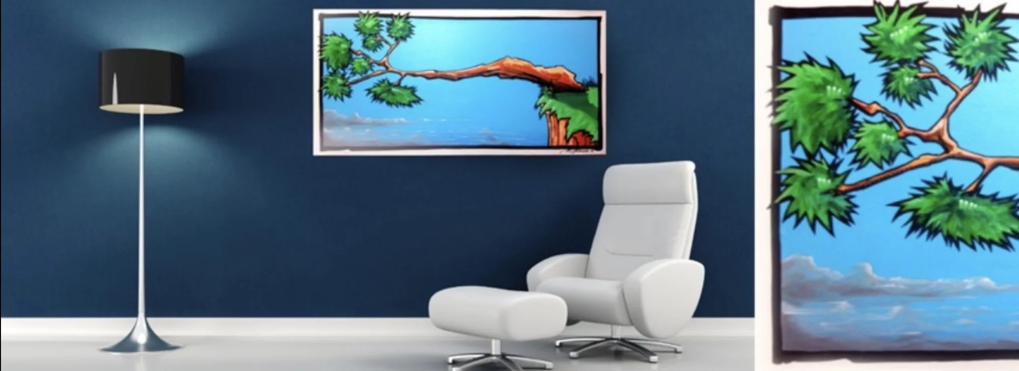 A modern, minimalist interior with a white lounge chair and ottoman, a tall black floor lamp, and two paintings of nature scenes with trees and blue skies on a dark blue wall.