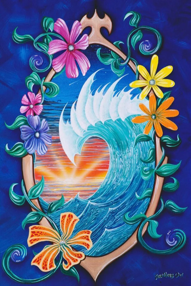 A colorful painting featuring a large wave, a sunset in the background, and a variety of vibrant flowers and butterflies surrounding the scene.