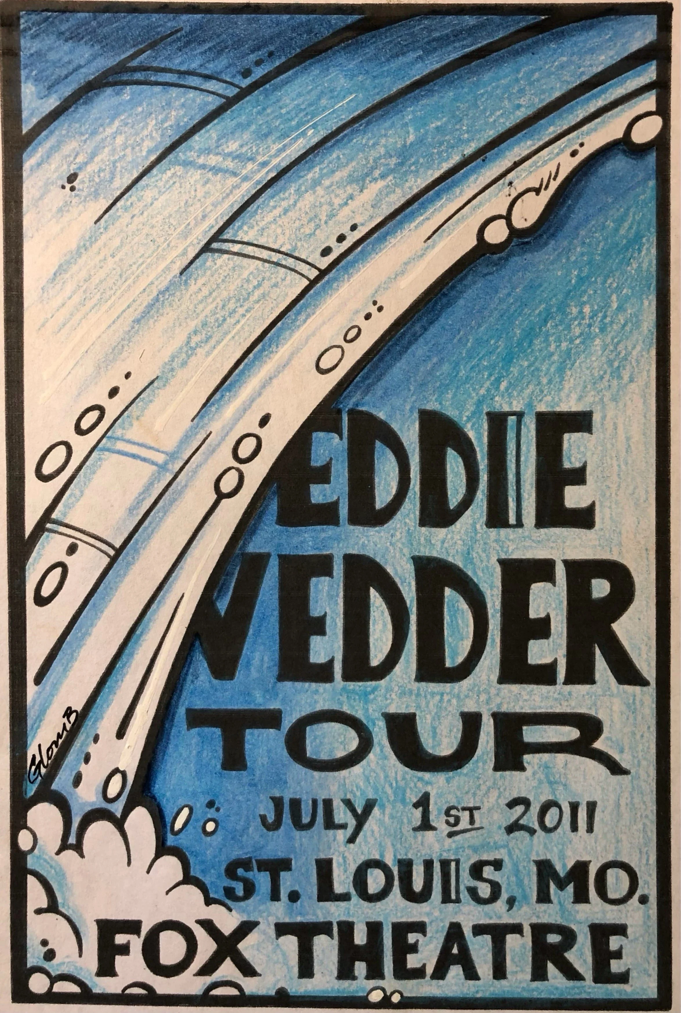 Hand-drawn poster advertising Eddie Vedder's tour on July 1st, 2011, at the Fox Theatre in St. Louis, Missouri, featuring a stylized arc or rainbow with blue and black colors.