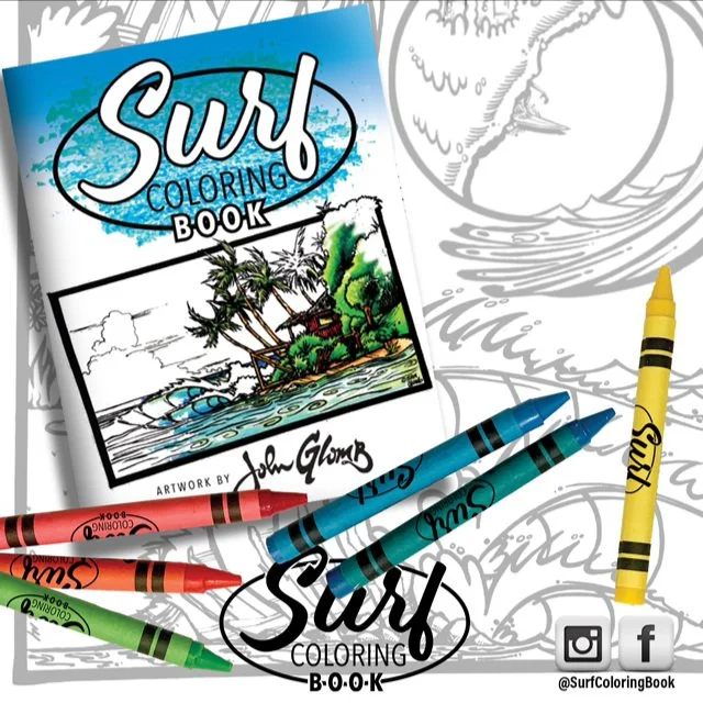 A surf-themed coloring book titled 'Surf Coloring Book' featuring artwork of a tropical island scene with palm trees and a palm tree house. Several colorful crayons are displayed in front of the book, and the cover art is partly outlined for coloring. Social media icons and the handle @SurfColoringBook are visible.