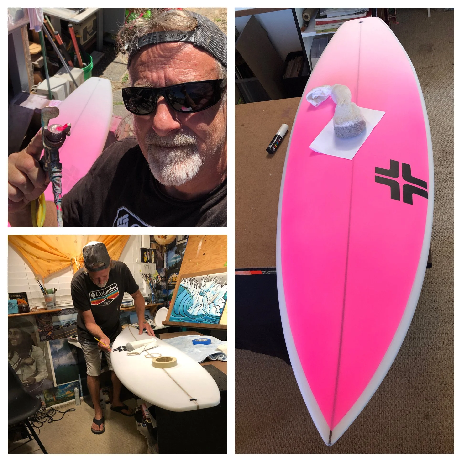 A collage of three photos showing a person working on a pink and white surfboard. The top left photo is a close-up of the person wearing sunglasses, a backwards cap, and holding a tool. The top right photo displays the finished pink and white surfboa