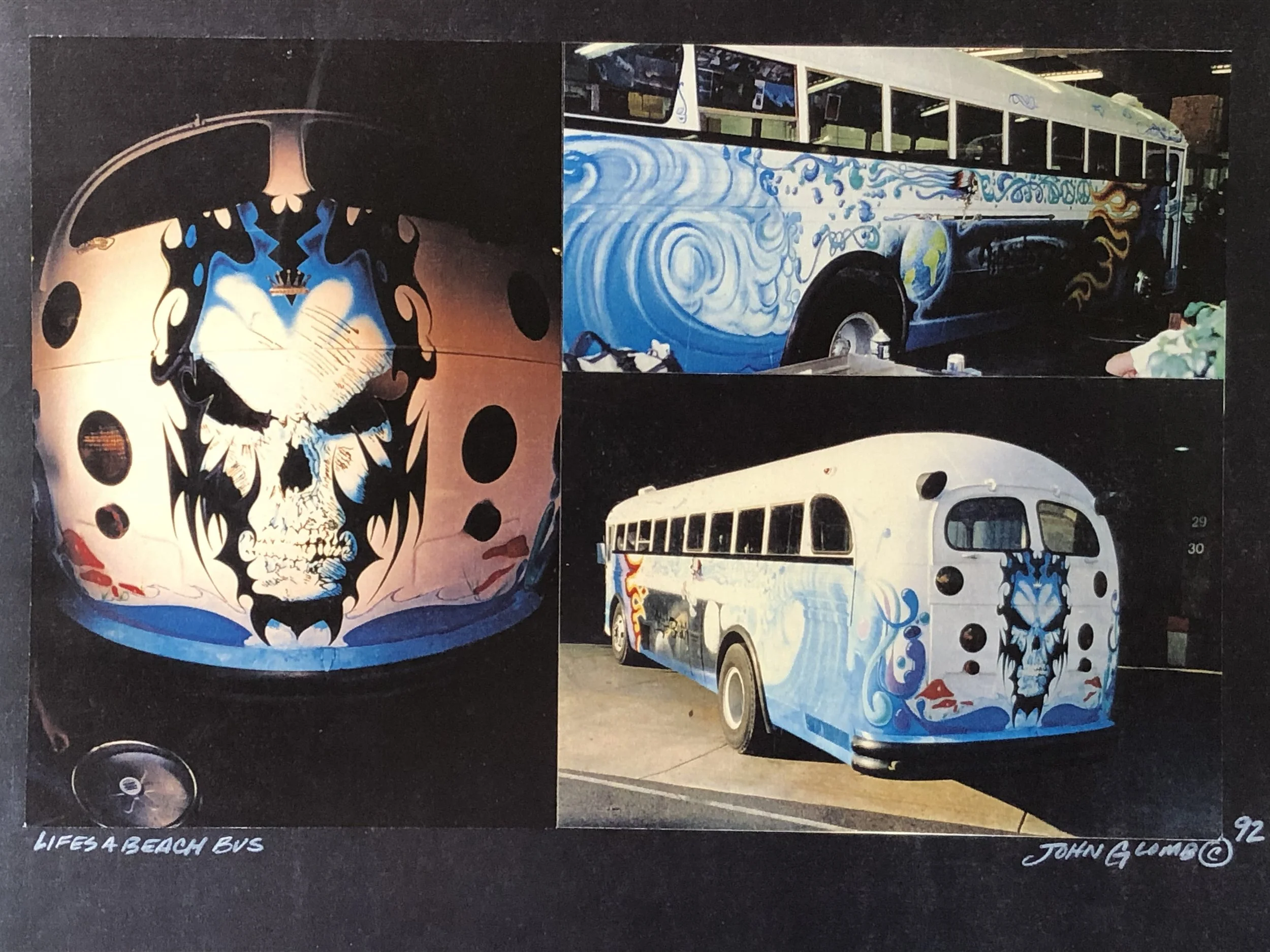 Side view of a vintage bus painted with artistic blue and white abstract designs, including wave patterns and a skull motif, parked outdoors, with a close-up of the front and a bus top view.