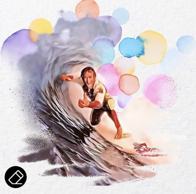 John Glomb surfing on a large wave with colorful watercolor circles in the background.