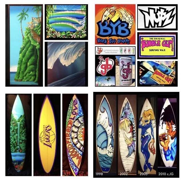 Collage of surfing-themed stickers, artwork, and surfboards with colorful designs, guitars, and a surfer girl.