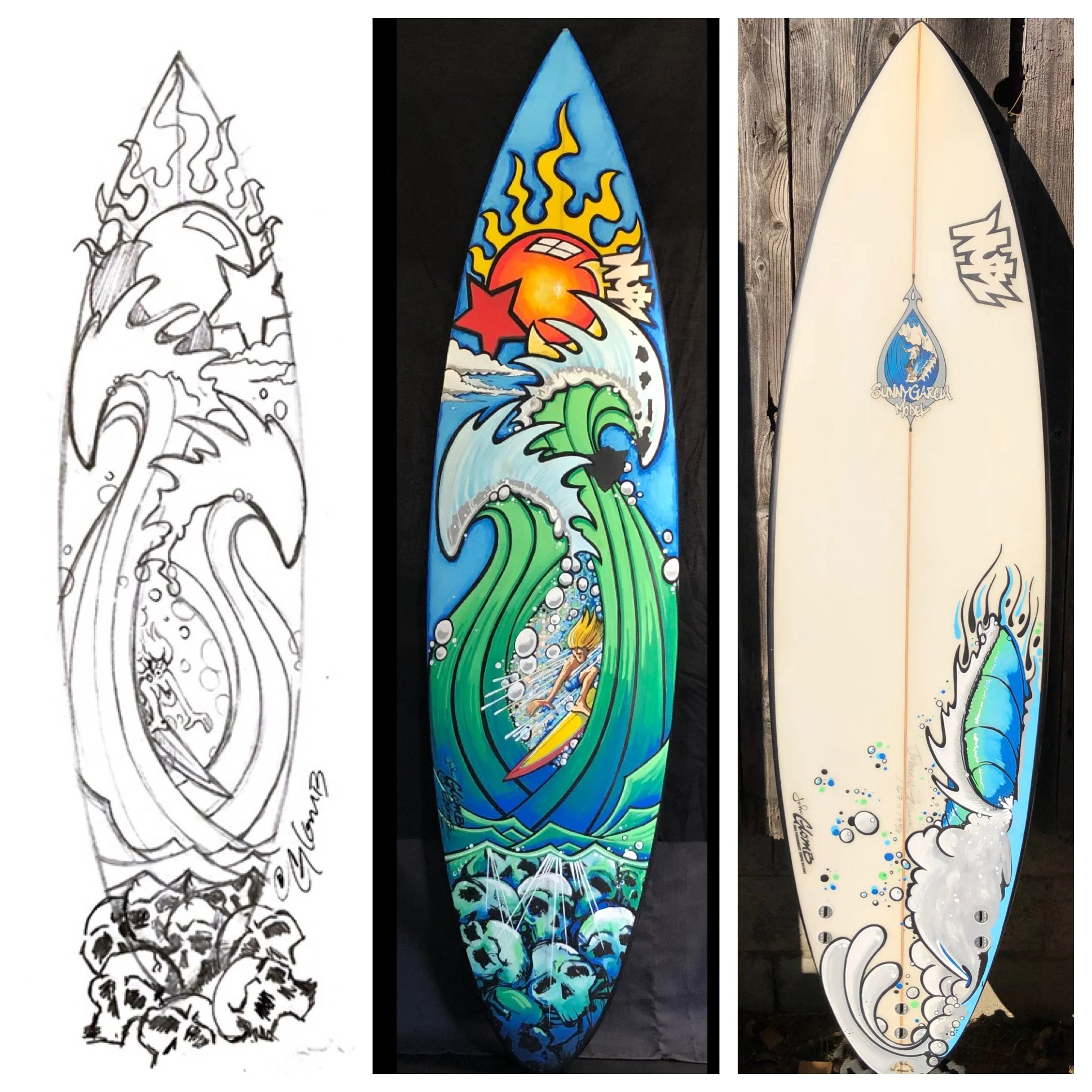 Progression of surfboard art: black and white sketch on left, colorful completed surfboard in the middle, plain surfboard with minimal art on the right.