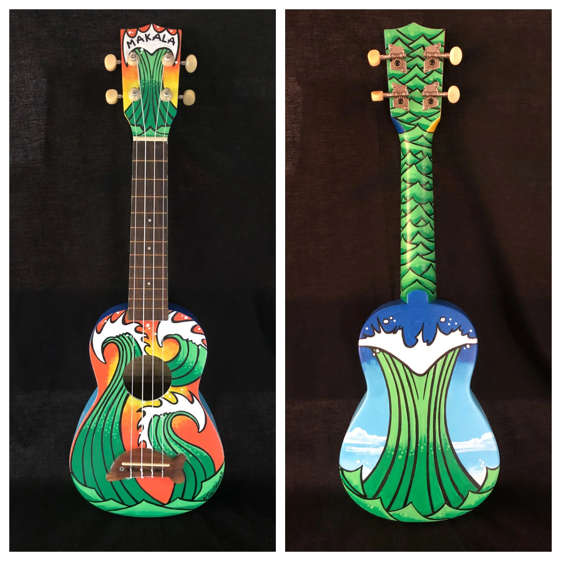 Colorful illustrated ukuleles featuring surfing and ocean wave designs with vibrant green, orange, blue, and white colors.