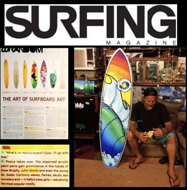 Cover of a Surfing magazine mockup, an art display of surfboard art, a colorful surfboard with a fish design, and John Glomb sitting on a couch holding a banana.