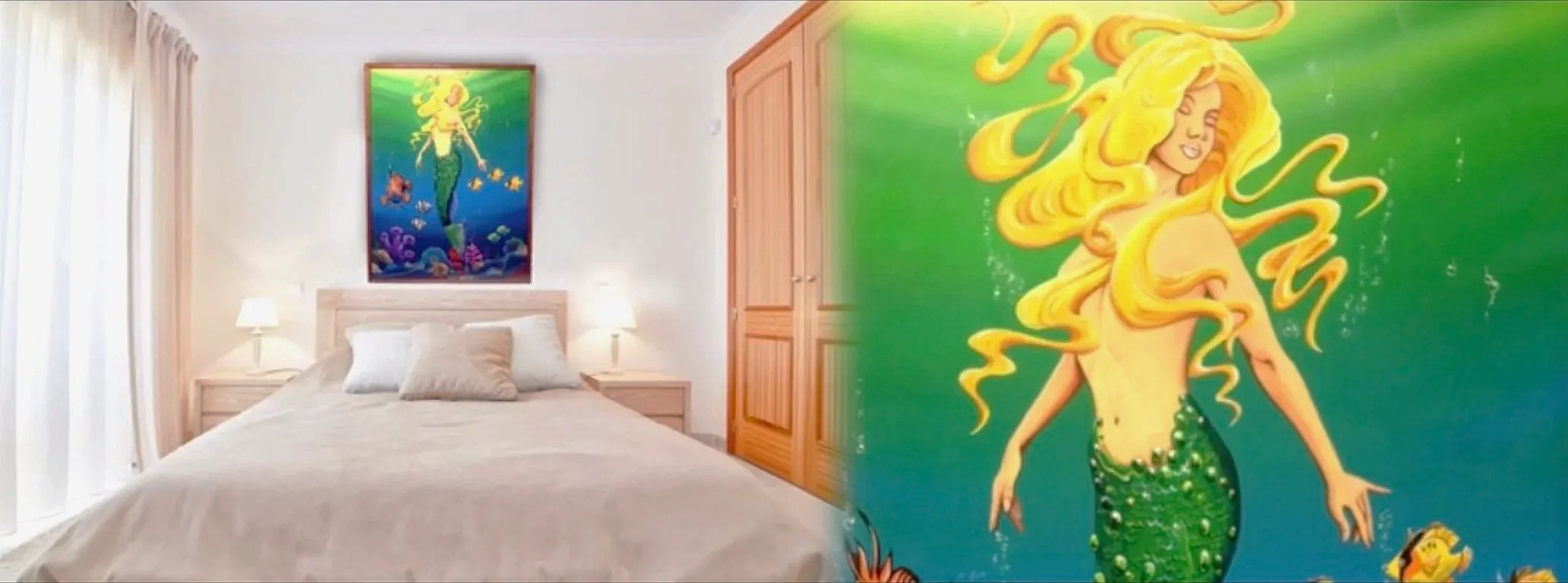 A bedroom with a bed, two bedside lamps, a door, and an underwater themed painting of a mermaid above the bed and a large mural of a mermaid on the wall.