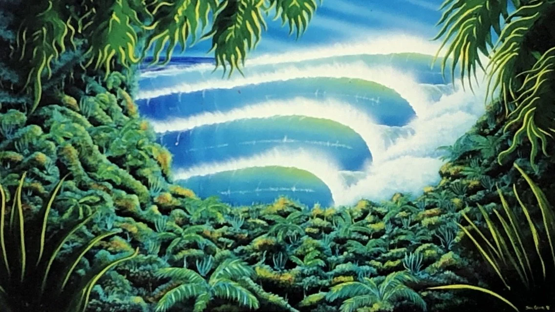 Painting of a lush jungle scene with a waterfall flowing into multiple tiers.