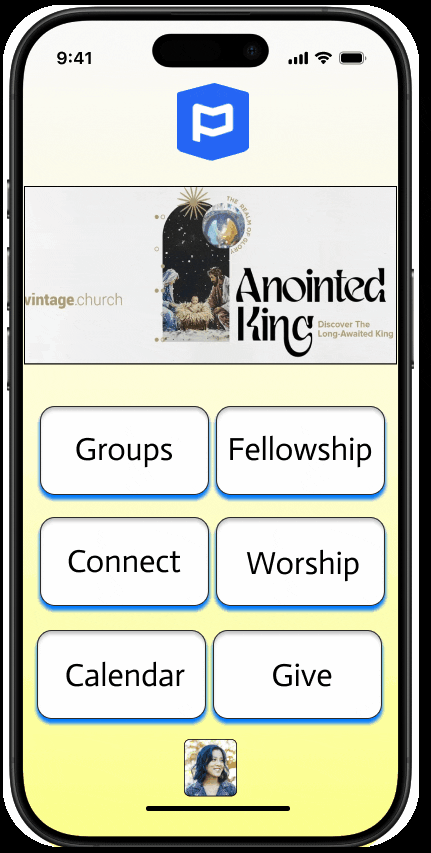 Smartphone screen displaying an app interface with a logo at the top, an image of a nativity scene labeled "Anointed King," and six buttons labeled Groups, Fellowship, Connect, Worship, Calendar, and Give.