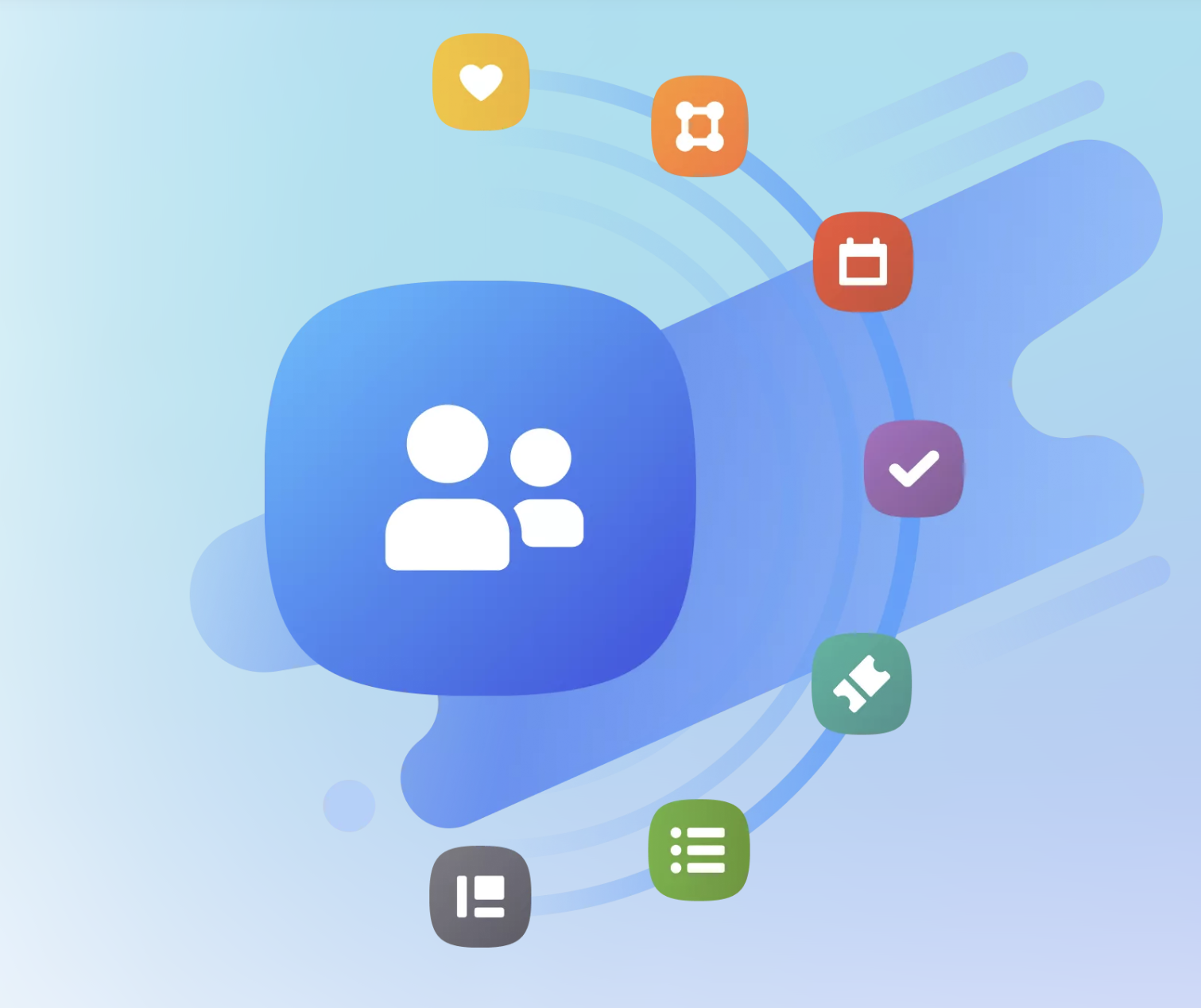 Blue icon with white silhouette of two people, surrounded by small icons including a heart, calendar, checkmark, and checklist, on a light blue abstract background.