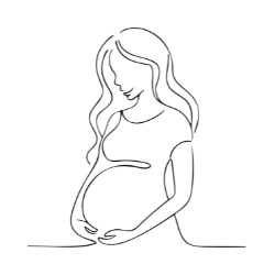 Line drawing of a pregnant woman with long hair, looking down and gently holding her belly.