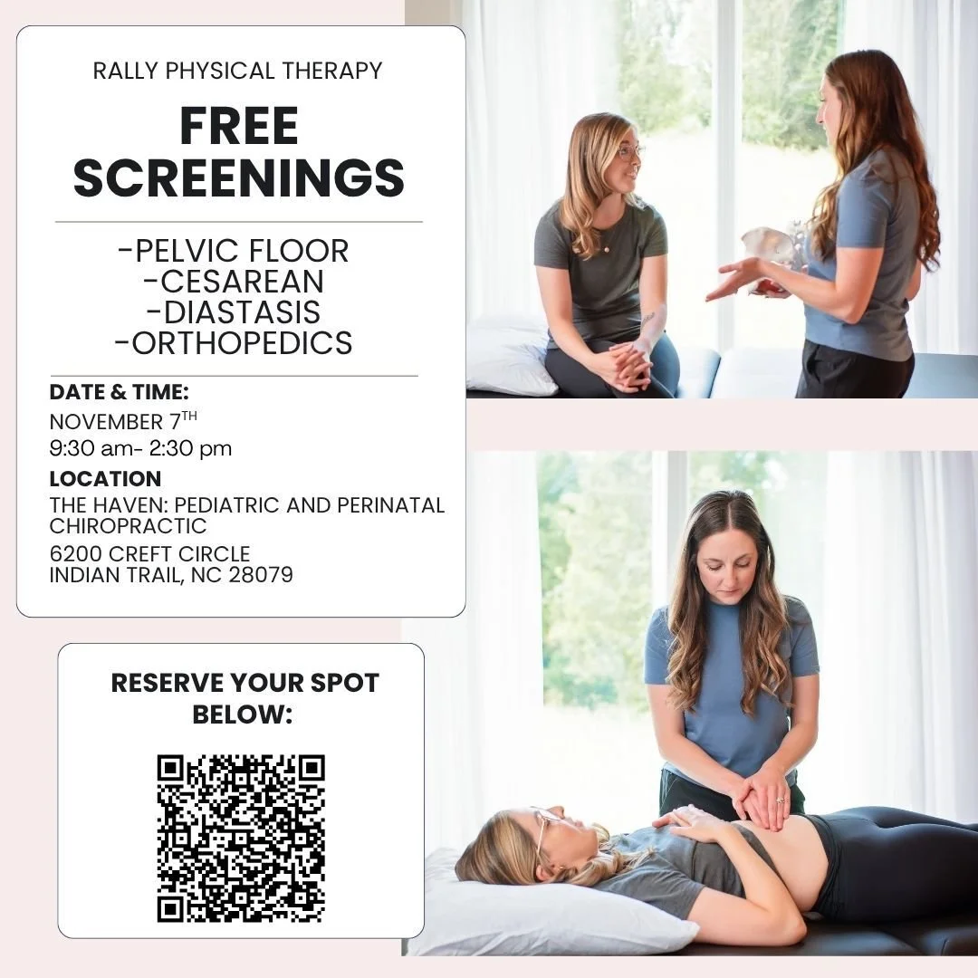 Free Screening Day! 
Come see what Pelvic Floor and Orthopedic Physical Therapy can do for you. 
🗓 Thursday, November 7th
🕤 9:30 AM – 2:30 PM
📍 The Haven: Pediatric & Perinatal Chiropractic
We’ll be offering complimentary 30 min
