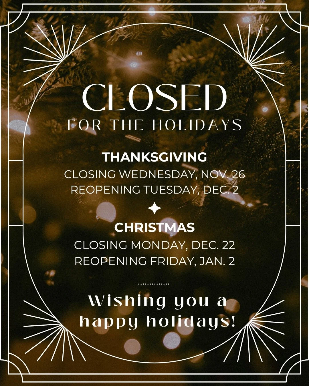 Holiday Hours 🍁✨🎄
As we pause to rest, reconnect, and practice what we encourage in our patients, here are our seasonal closures:

Thanksgiving
&bull; Closing: Wednesday, Nov. 26
&bull; Reopening: Tuesday, Dec. 2

Christmas
&bull; Closing: Monday, 
