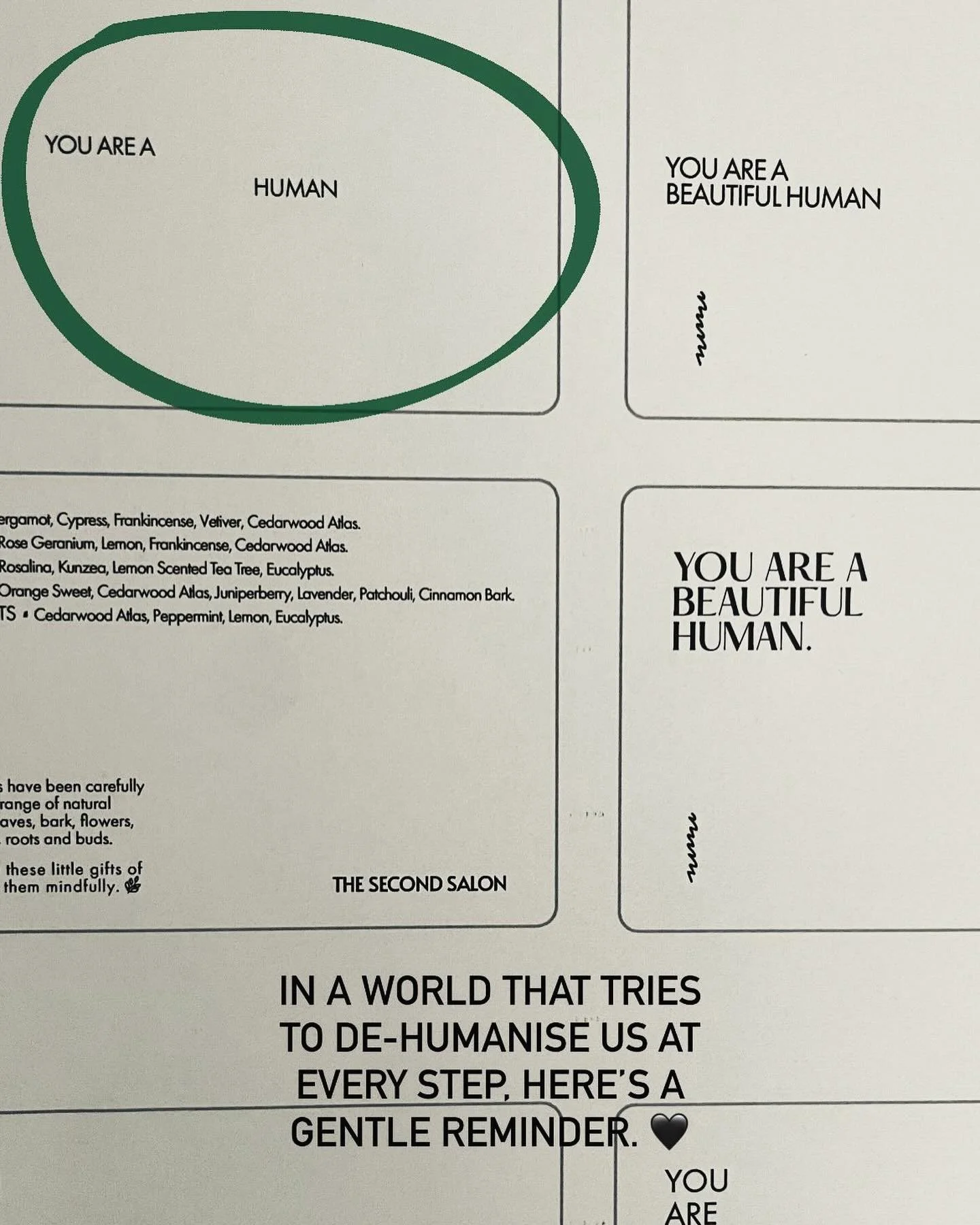 YOU ARE HUMAN.

A funny thing happened. 

I was working on the design for my new business / thank you / blotting cards.

YOU ARE A BEAUTIFUL HUMAN is written on the front. But my finger slipped and the word beautiful dropped off. It just said YOU ARE