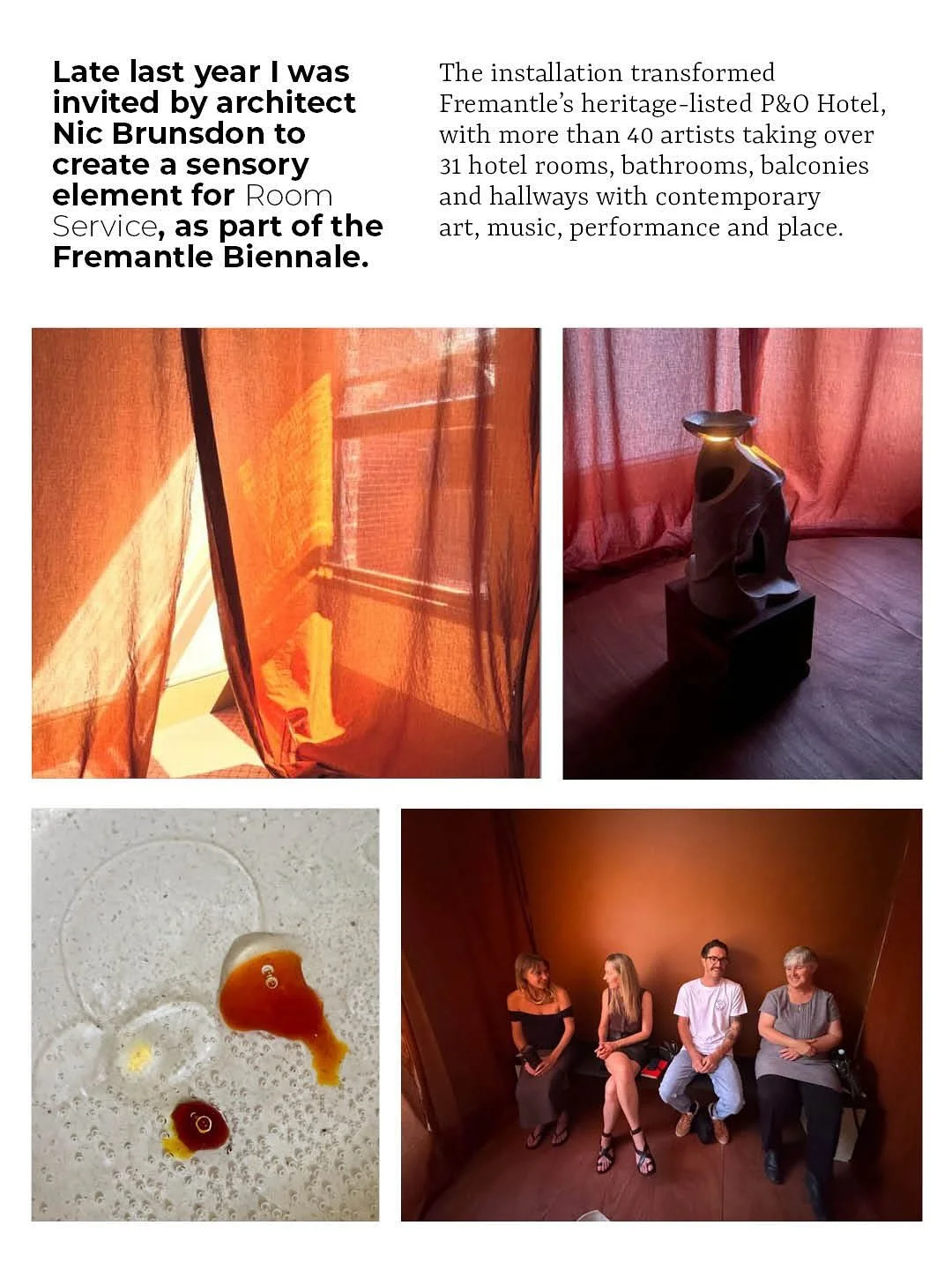 Late last year I was invited by architect @nic_brunsdon to create a sensory element - an aroma - for Room Service, a two-night event that was part of the @fremantlebiennale. The installation transformed Fremantle&rsquo;s heritage-listed P&amp;O Hotel