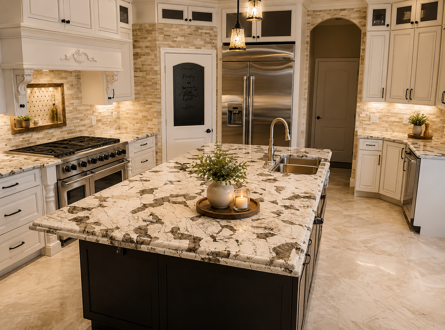 Luxury kitchen with custom granite countertops, oversized island, and natural stone backsplash.