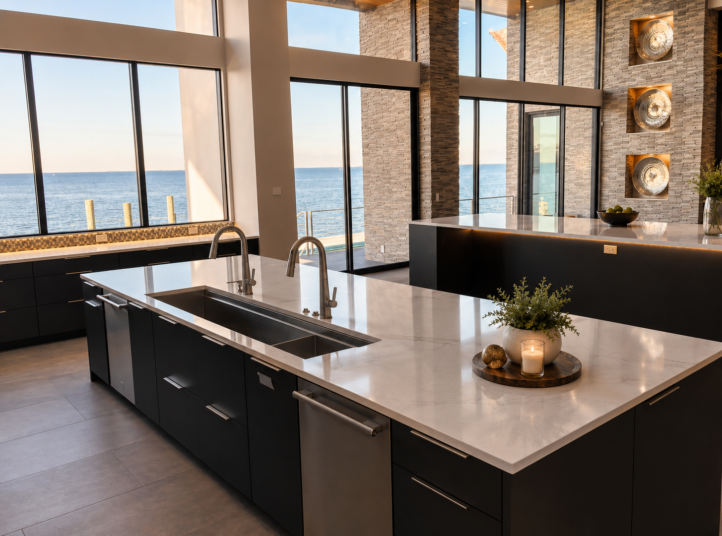 Custom quartz kitchen countertops with a waterfall island overlooking the Tampa Bay waterfront.