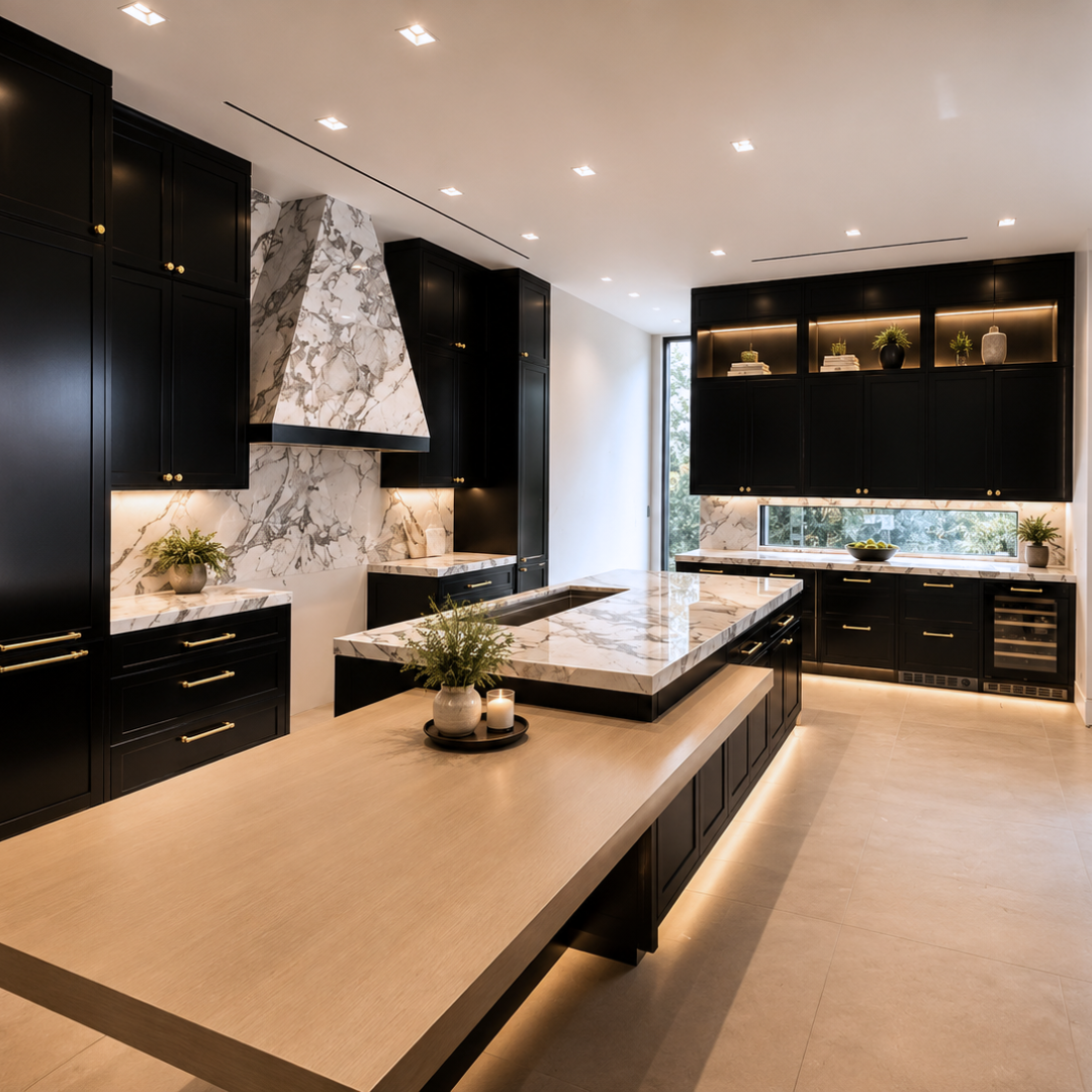 Luxury kitchen with custom quartz countertops, waterfall island, and marble range hood surround by Signature Granite.
