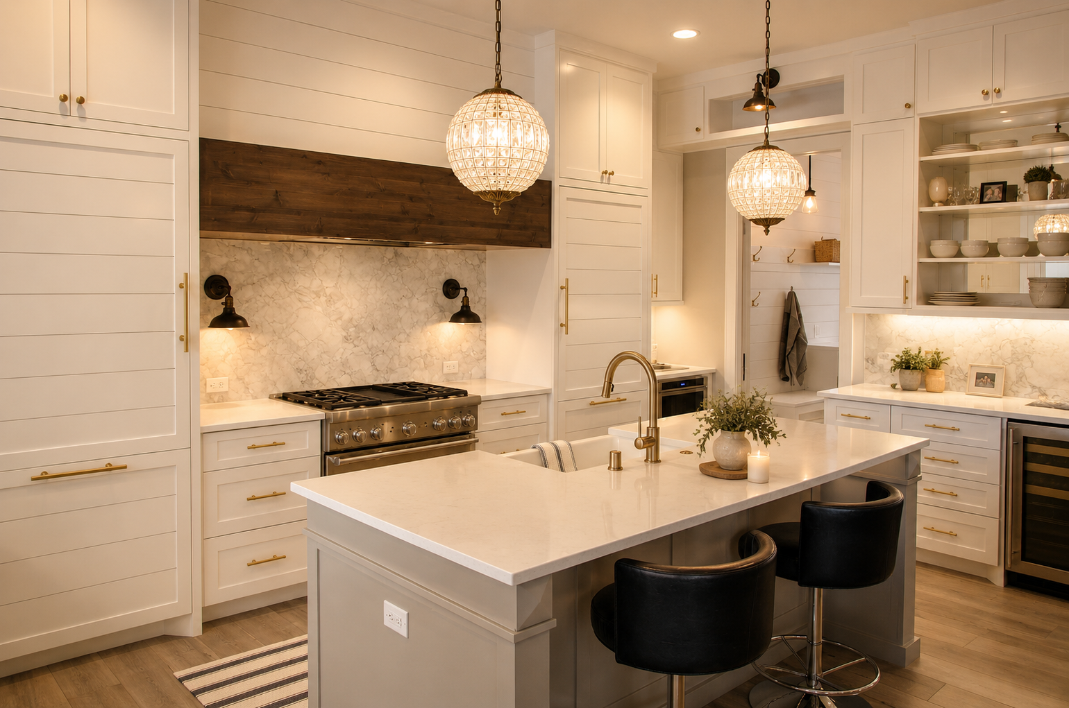 Custom quartz kitchen countertops with a large island and matching backsplash fabricated and installed by Signature Granite.